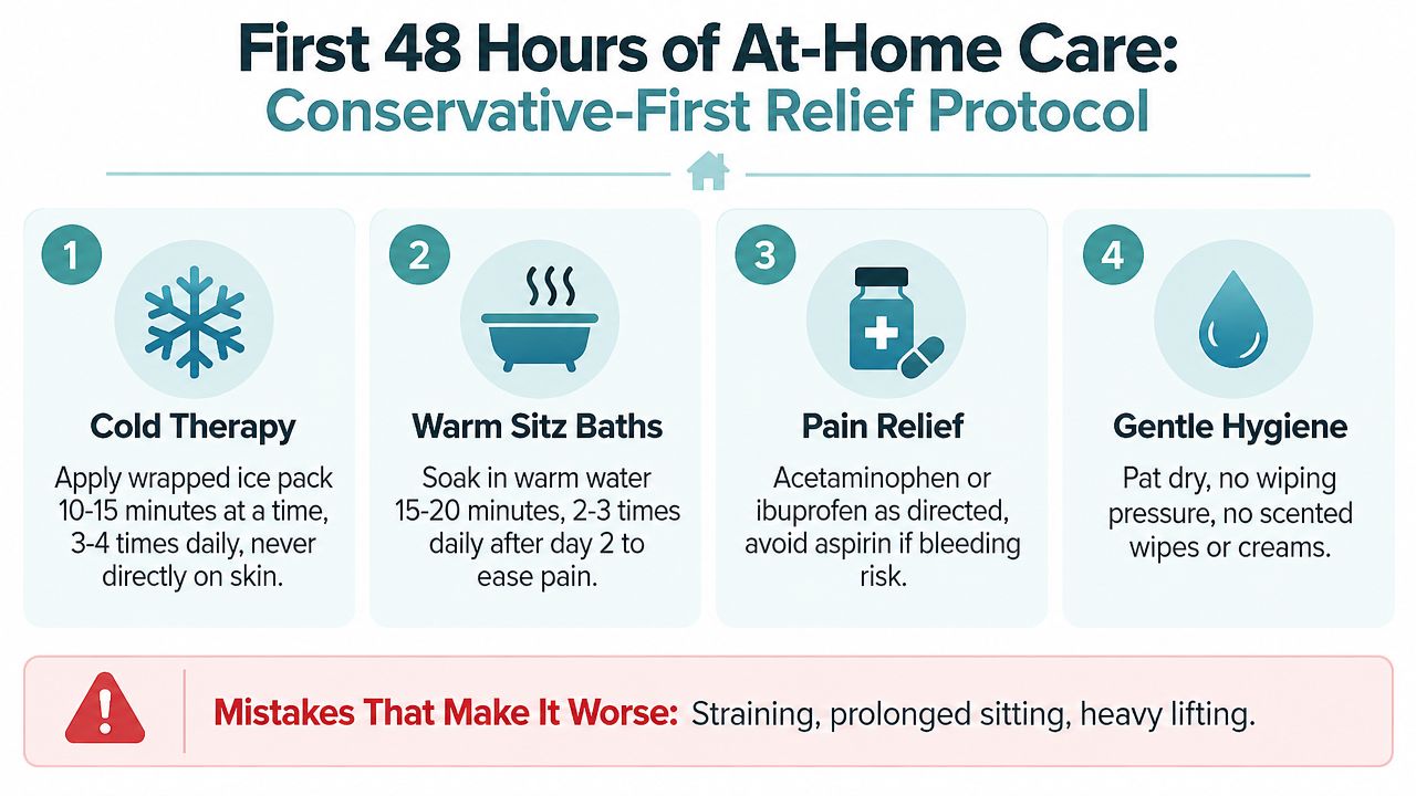 An infographic titled First 48 Hours of At-Home Care detailing steps for conservative-first perianal hematoma relief.