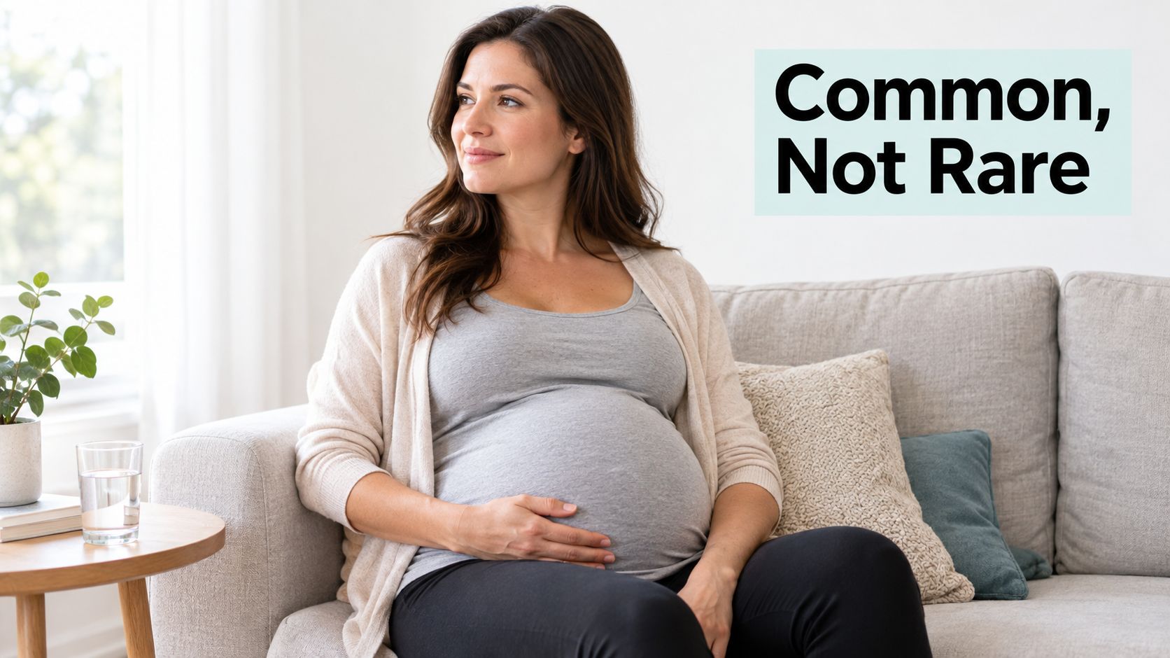 A pregnant woman sitting on a comfortable couch looking thoughtful with the words Common, Not Rare visible.
