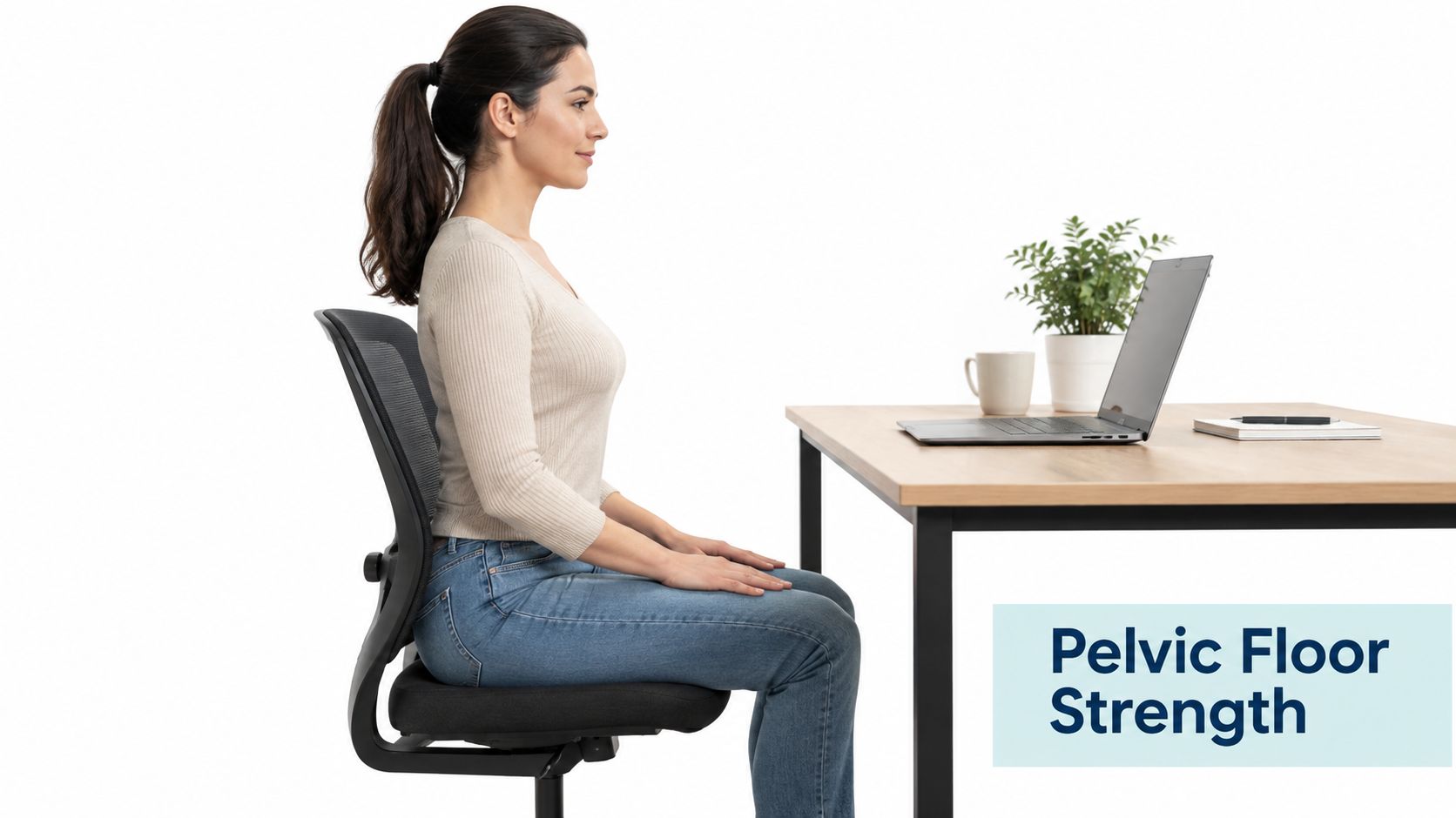 A woman with good posture sitting upright on an office chair at a desk, emphasizing pelvic alignment.