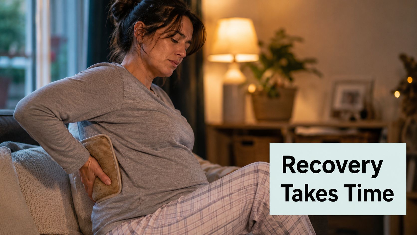 A pregnant woman sitting on a sofa using a heat pack to relieve back pain.