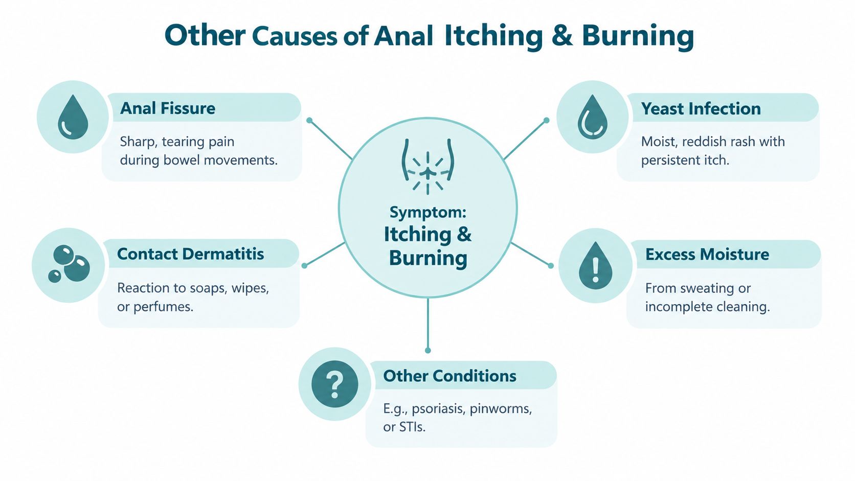 An infographic showing various medical causes for anal itching and burning including fissures and infections.