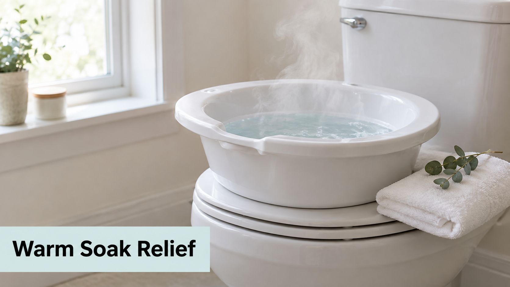A warm sitz bath basin filled with steaming water placed on a white toilet seat for soothing relief.
