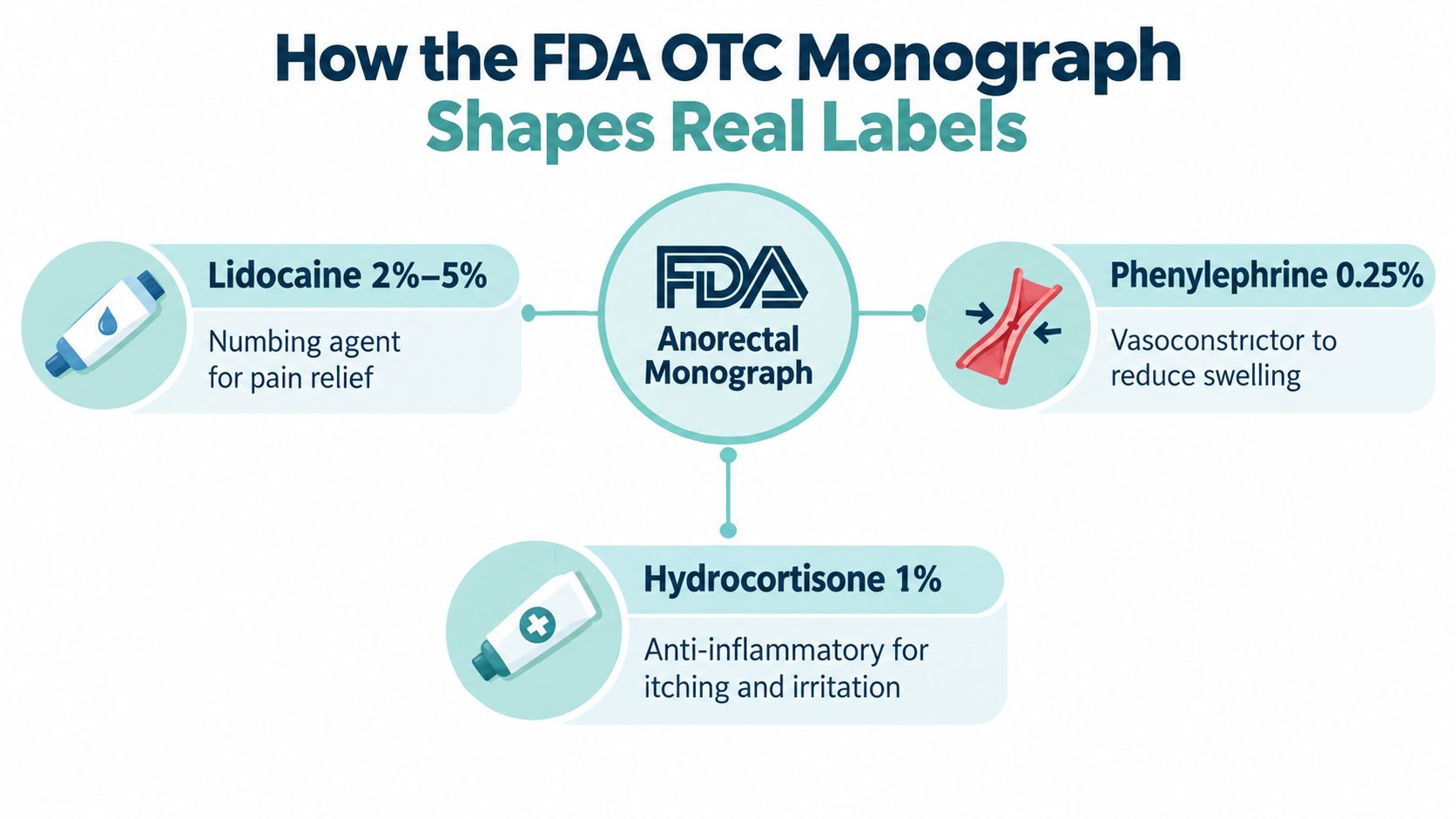 A diagram illustrating the FDA Anorectal Monograph guidelines for common OTC ingredients like Lidocaine, Phenylephrine, and Hydrocortisone.