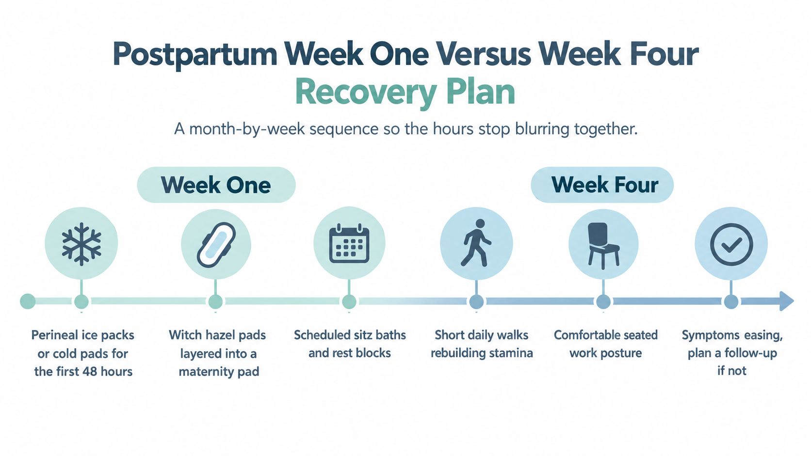 A timeline graphic outlining postpartum recovery steps from week one using ice packs to week four wellness.