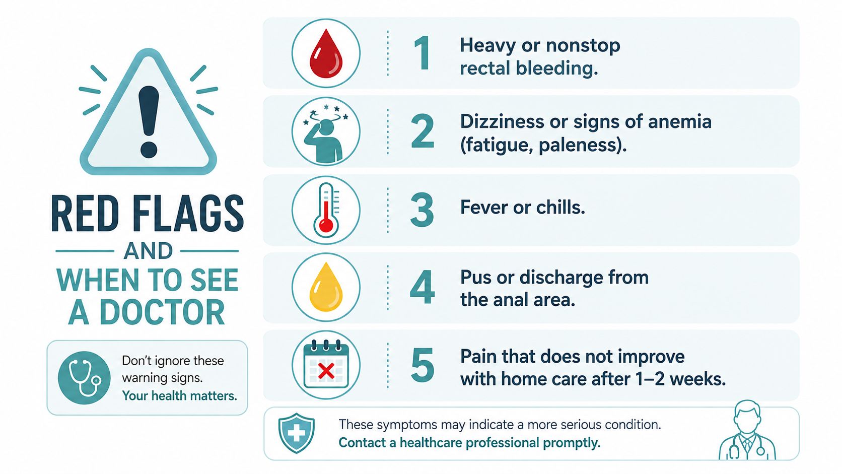 An infographic titled Red Flags and When to See a Doctor listing five symptoms of anal issues.