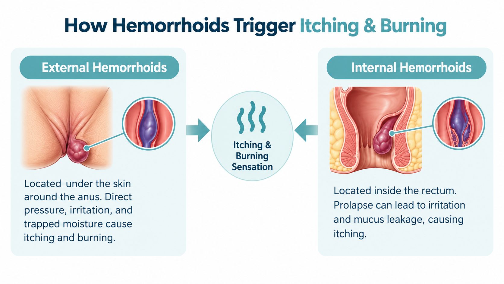 An educational medical graphic illustrating how both internal and external hemorrhoids can cause anal itching and burning sensations.