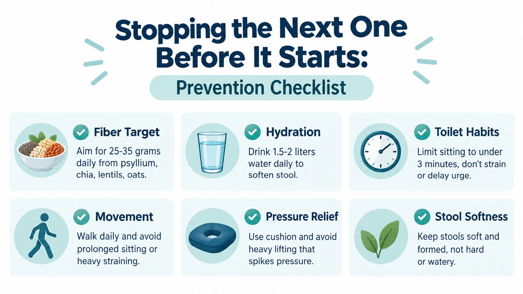 A prevention checklist infographic showing health tips like dietary fiber, hydration, and movement to avoid perianal hematomas.