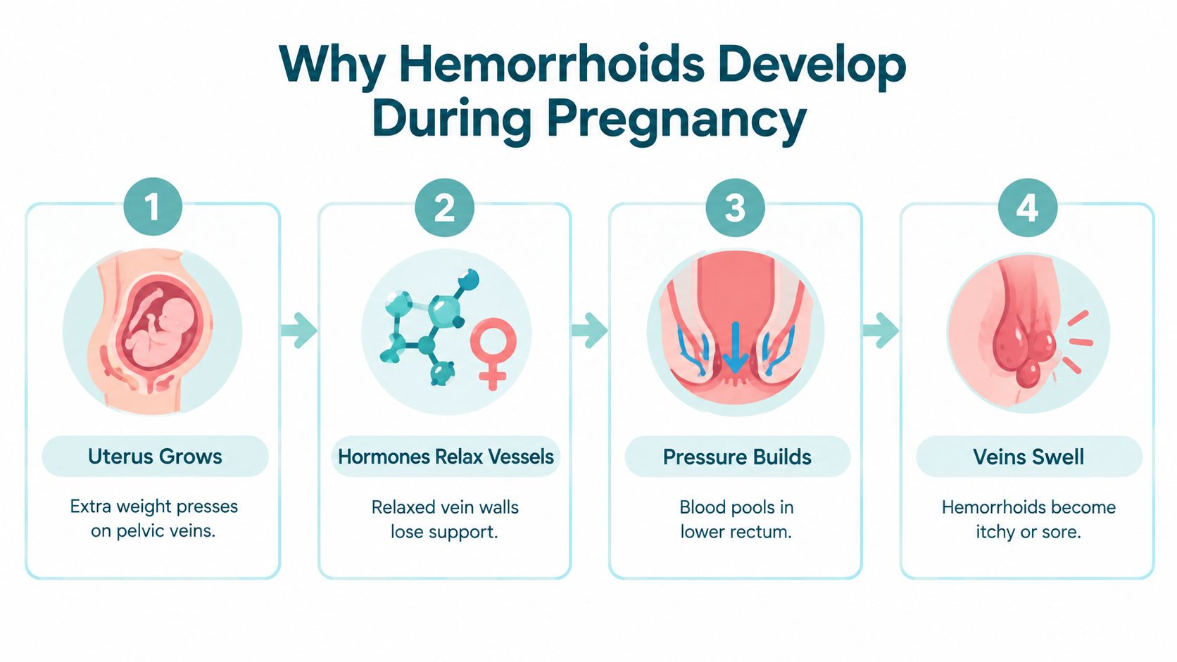 A four-step infographic illustrating how the growth of a uterus during pregnancy leads to painful hemorrhoids.