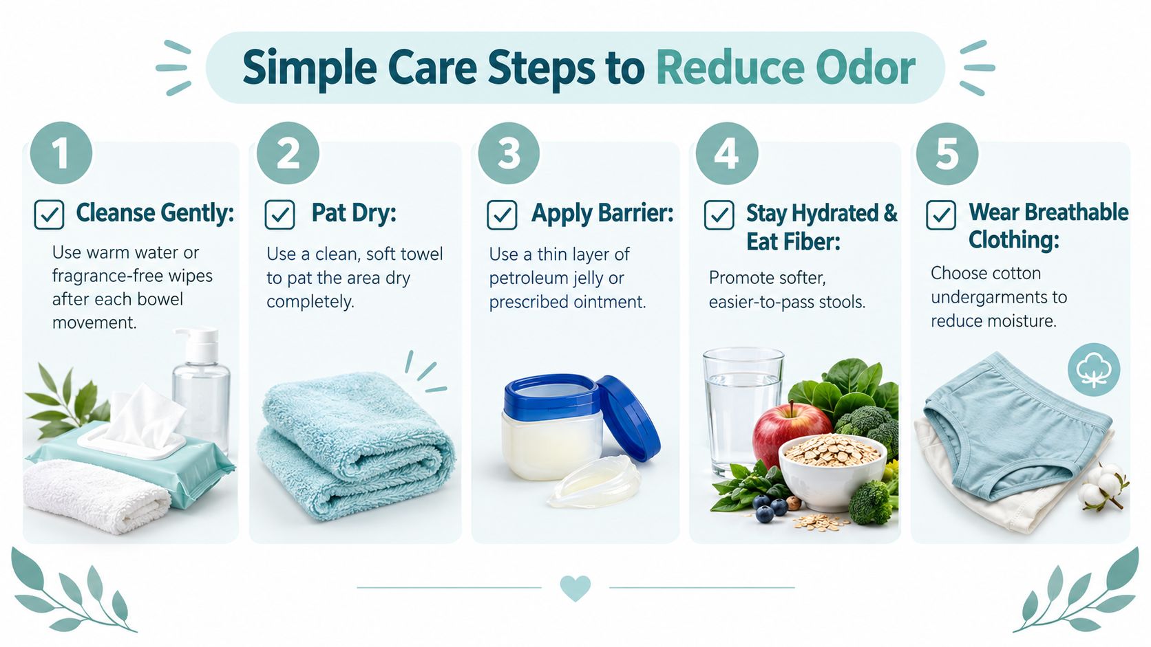A five-step instructional guide on simple personal care practices to help reduce and manage bodily odor.