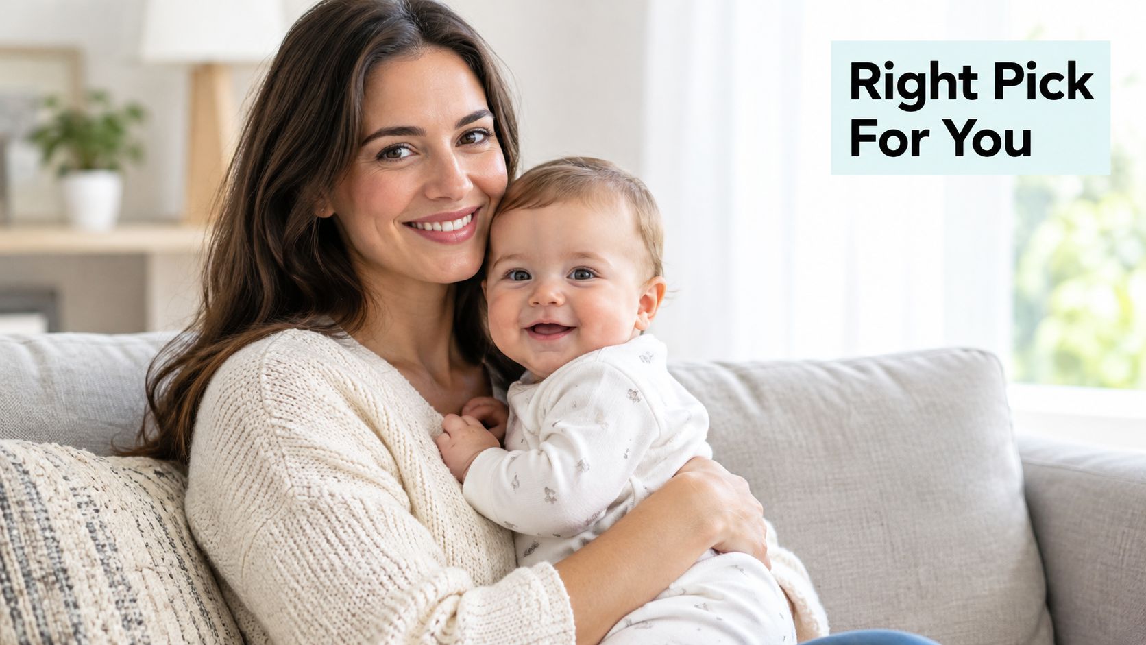 A smiling mother holding her happy baby while sitting comfortably on a soft couch at home.