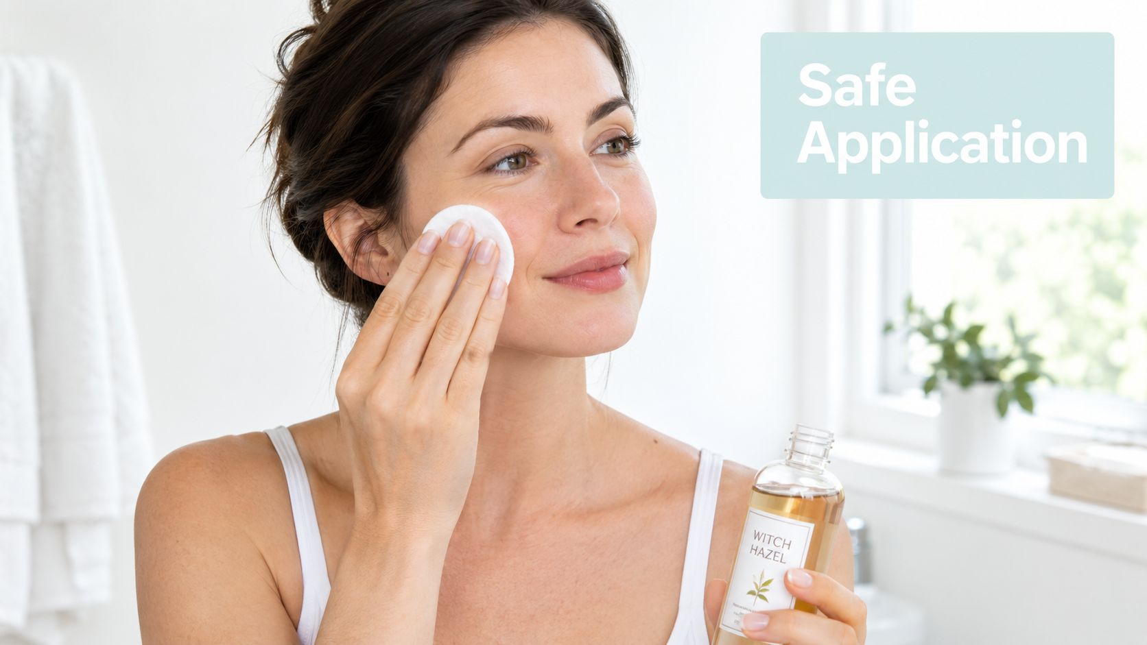 A woman smiling while gently applying witch hazel toner to her face using a soft cotton pad.