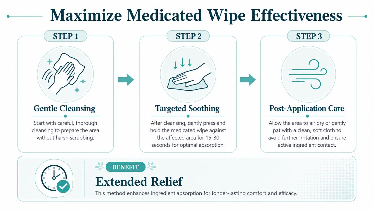 A three-step infographic showing how to properly use medicated wipes for effective relief and healing.