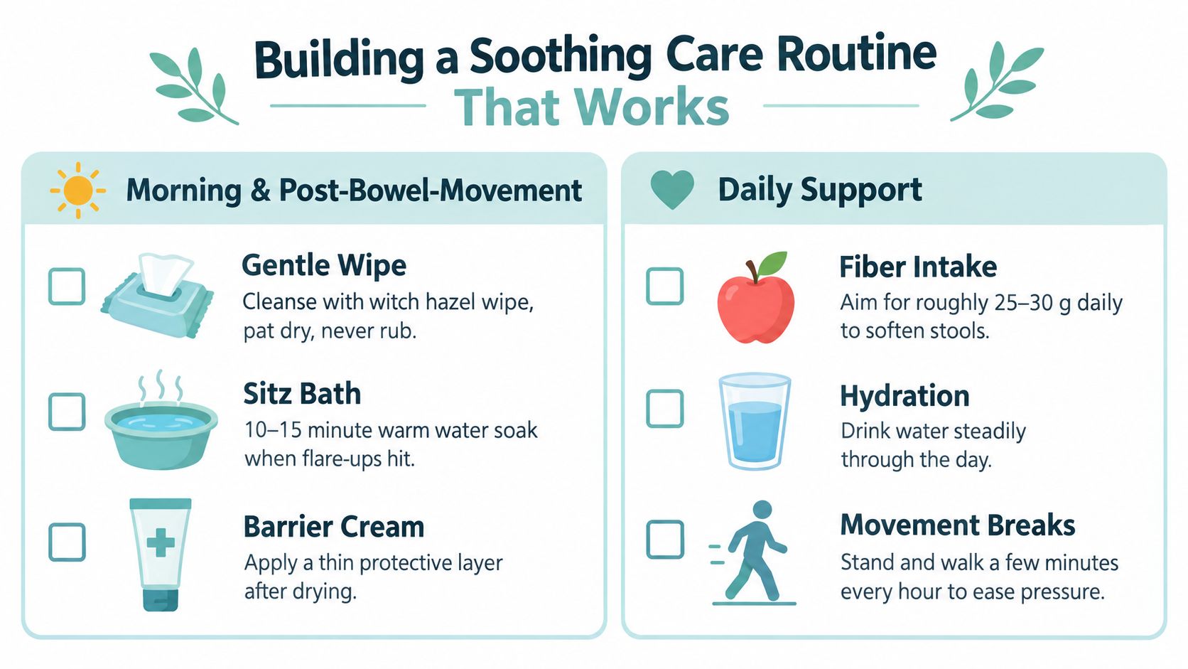 An infographic titled Building a Soothing Care Routine with tips for managing hemorrhoids through hygiene and lifestyle habits.