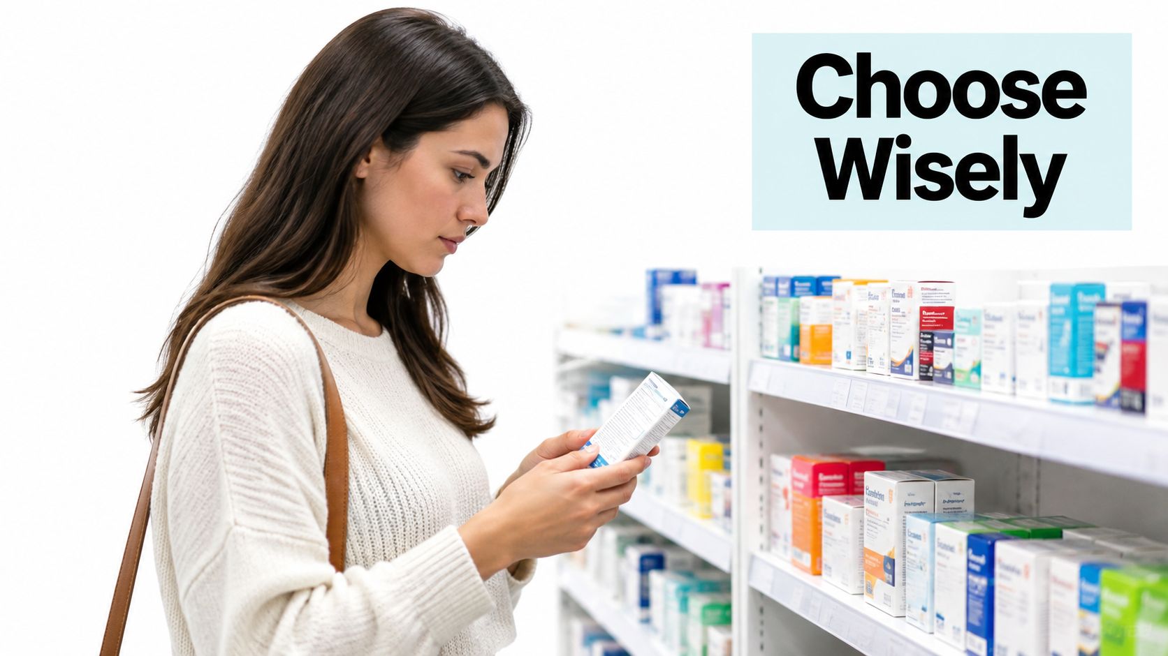 A young woman stands in a pharmacy aisle thoughtfully reading the information on a box of medication.