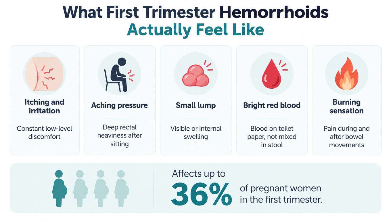 An infographic detailing common symptoms of hemorrhoids during the first trimester of pregnancy such as irritation and bleeding.