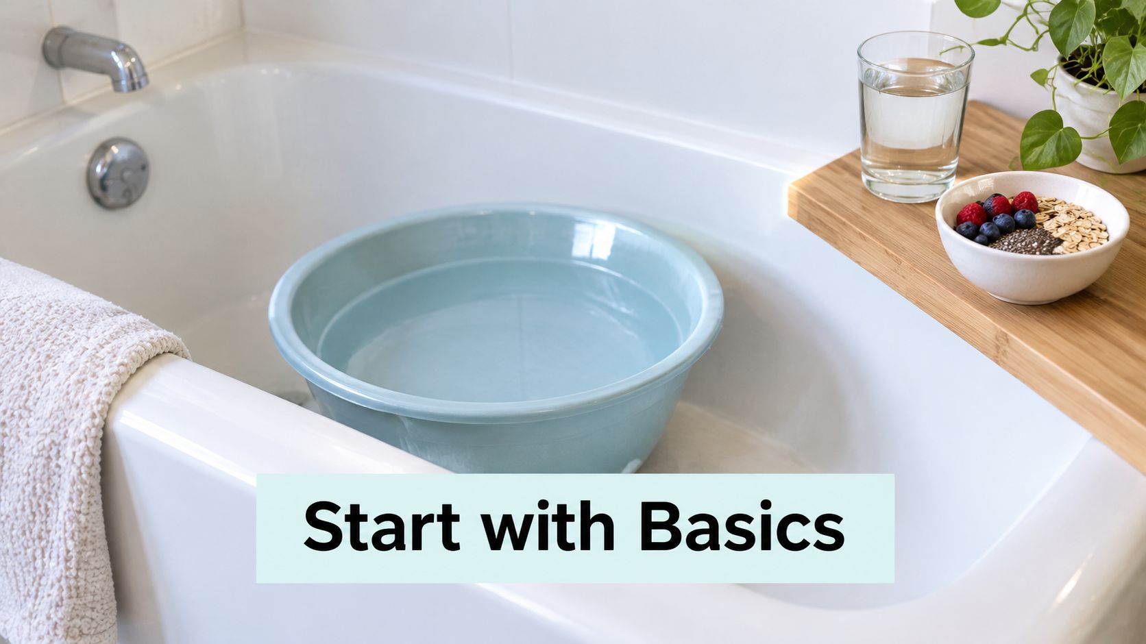 A warm sitz bath basin in a white bathtub next to a healthy breakfast bowl and water.