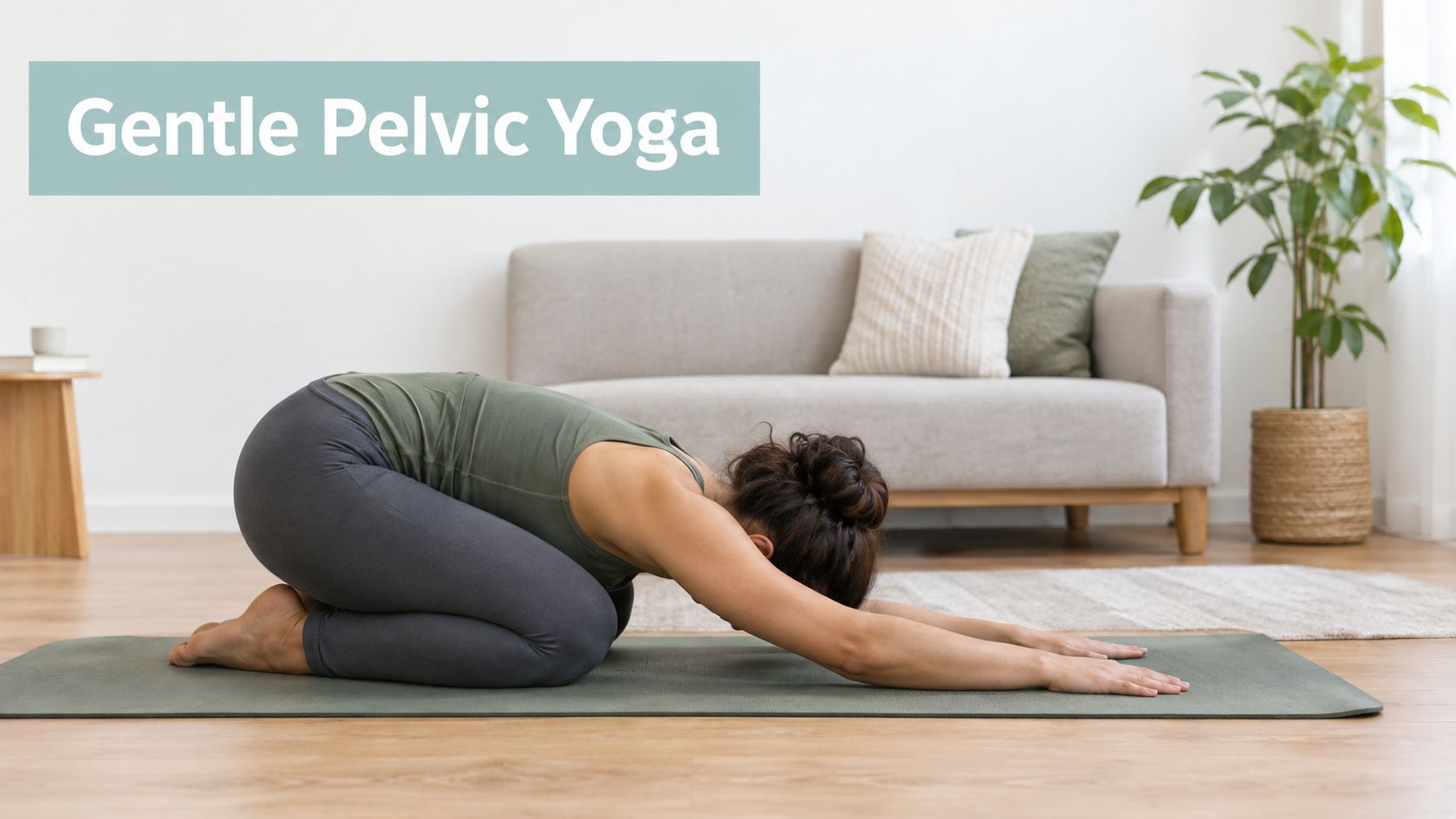 A woman performing child's pose on a yoga mat to demonstrate gentle pelvic exercises at home.