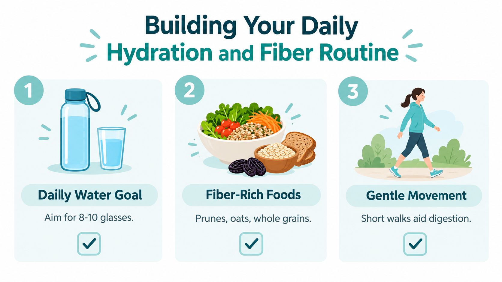 A colorful infographic illustrating daily habits for digestive health including hydration, fiber-rich foods, and gentle walking exercise.