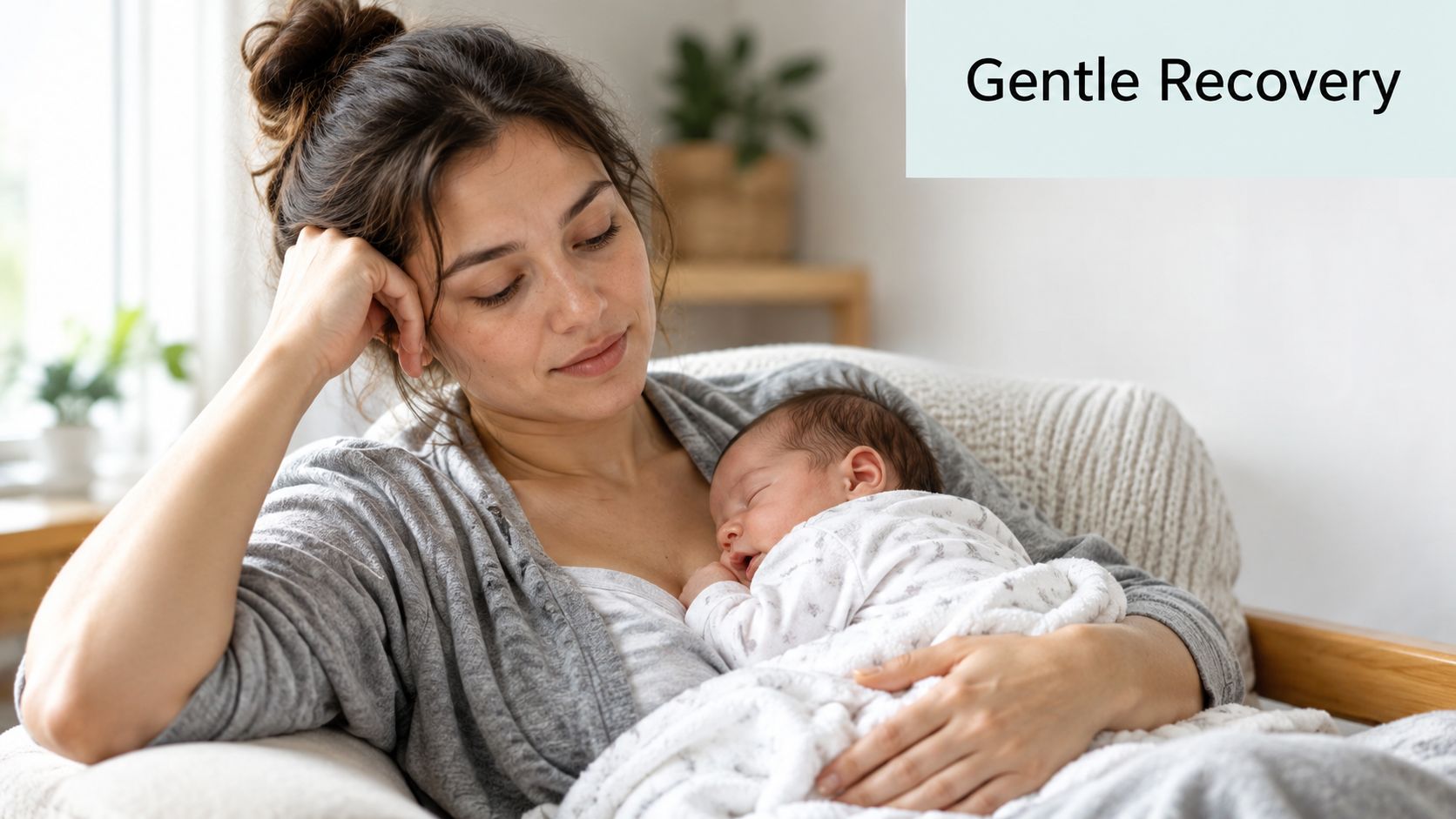 A tired mother holding her peaceful sleeping newborn baby in her arms while sitting on a sofa.