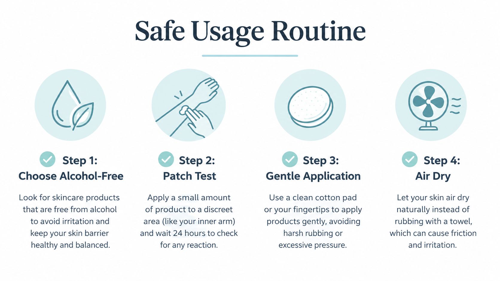A graphic illustration detailing four steps for a safe skincare routine using gentle application methods.