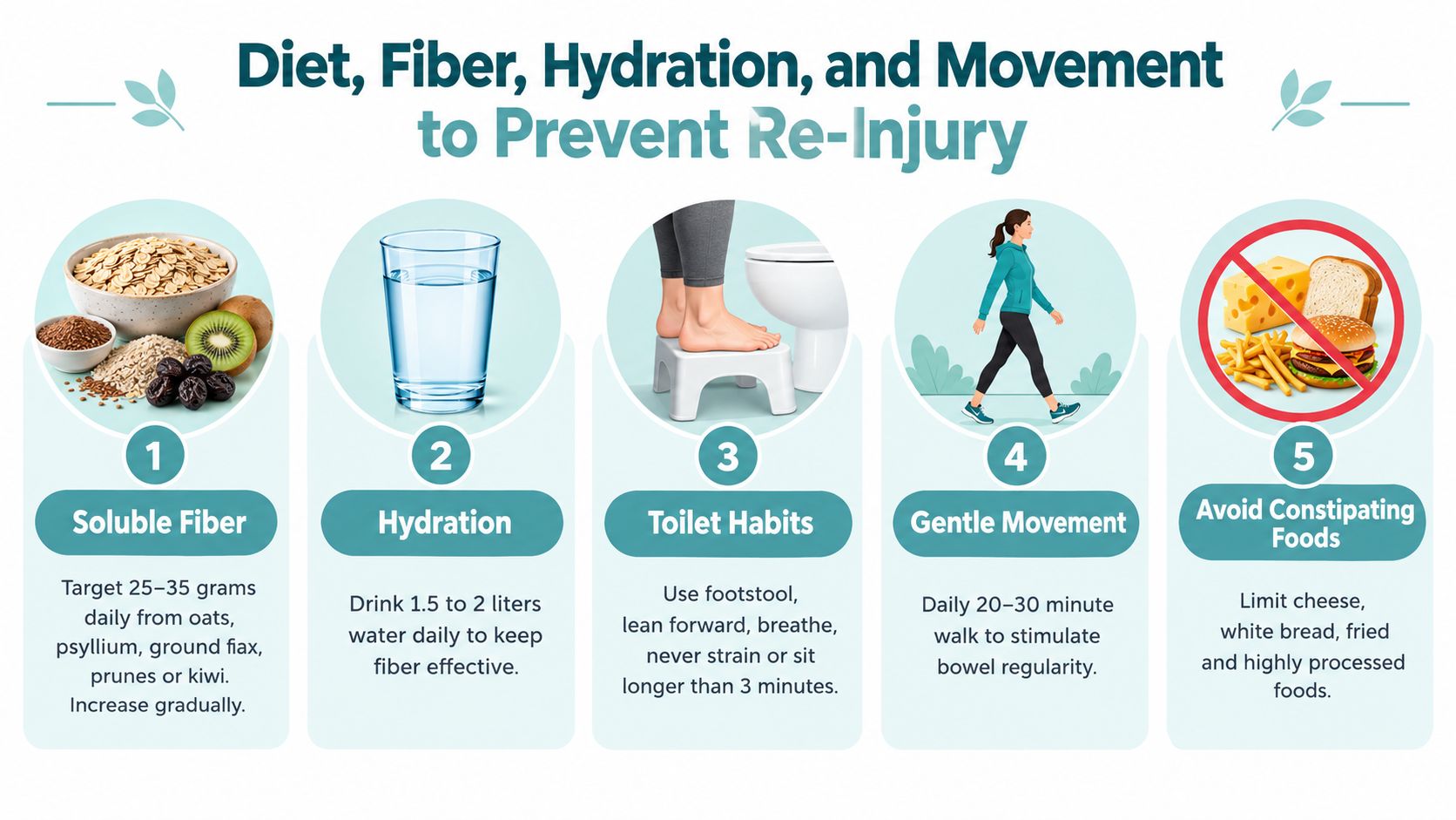 An infographic titled Diet, Fiber, Hydration, and Movement to Prevent Re-Injury showing five tips for digestive health.