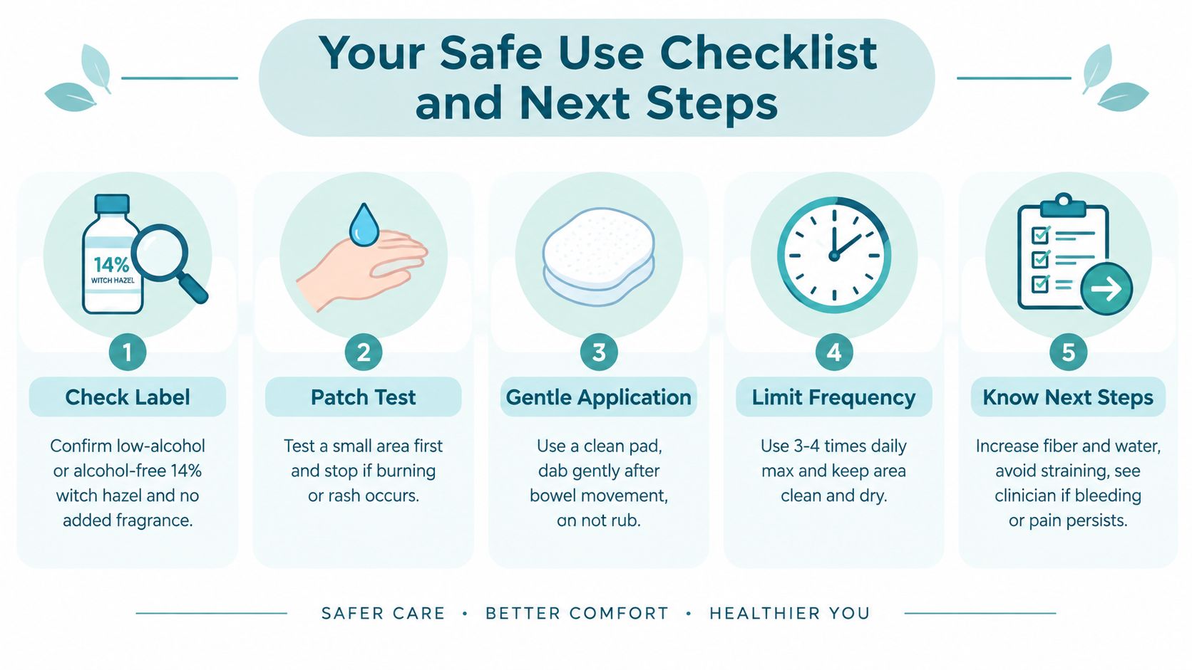 A five-step checklist infographic for the safe use of witch hazel pads to manage hemorrhoid symptoms.