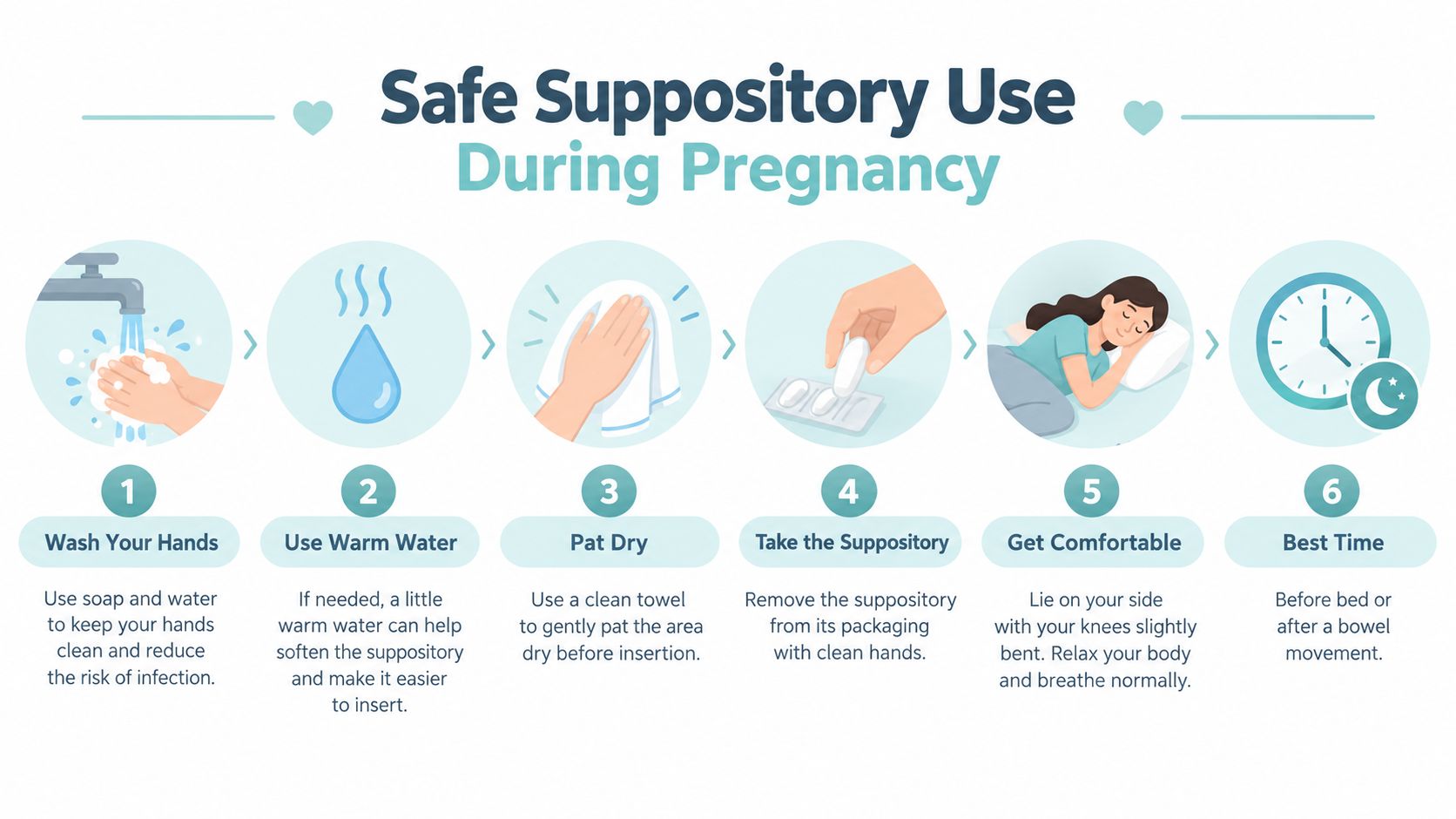 An infographic showing six simple steps for safe suppository use during pregnancy for patient health.