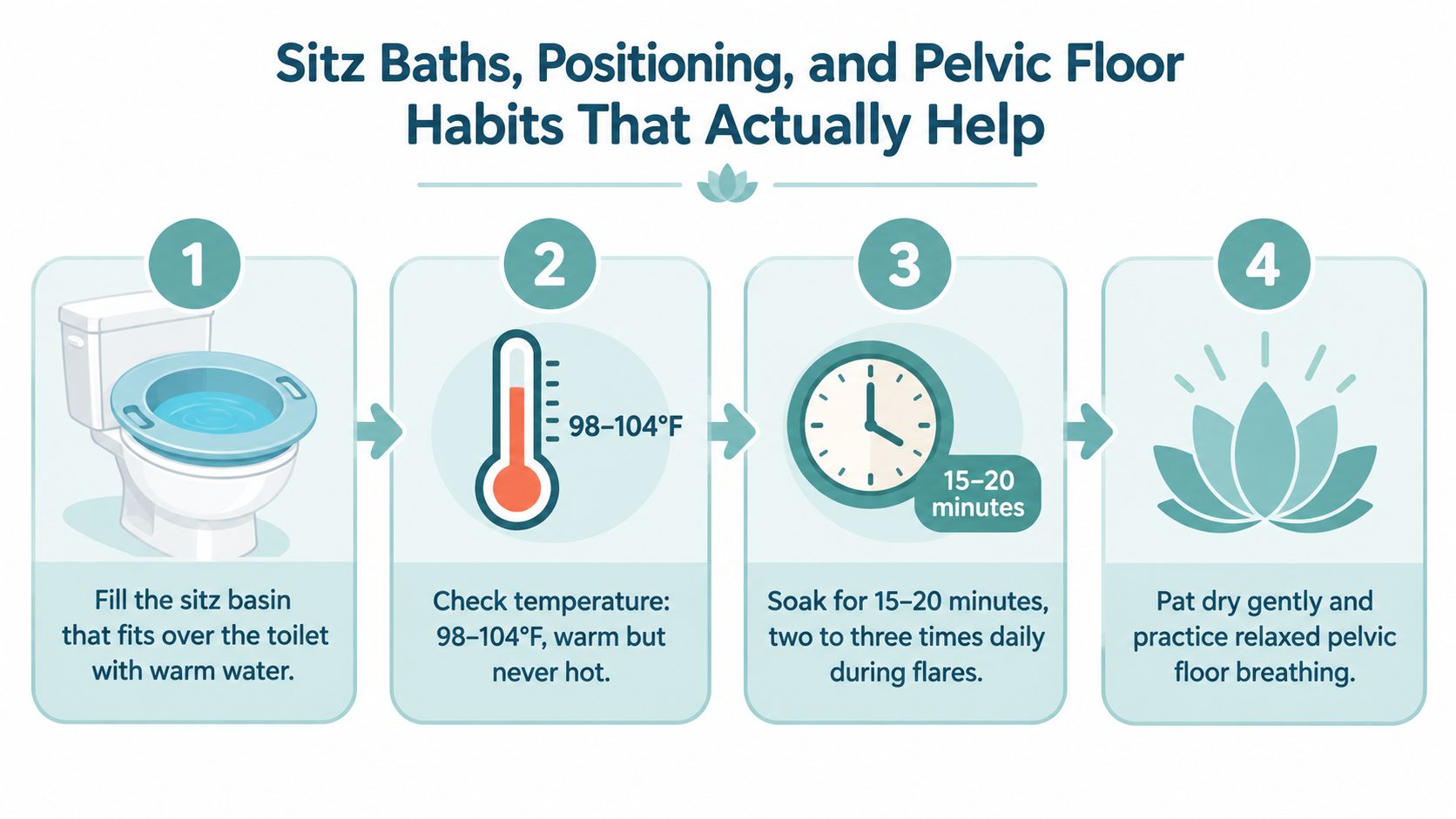 An infographic showing four steps for using a sitz bath for pelvic floor comfort and relief.