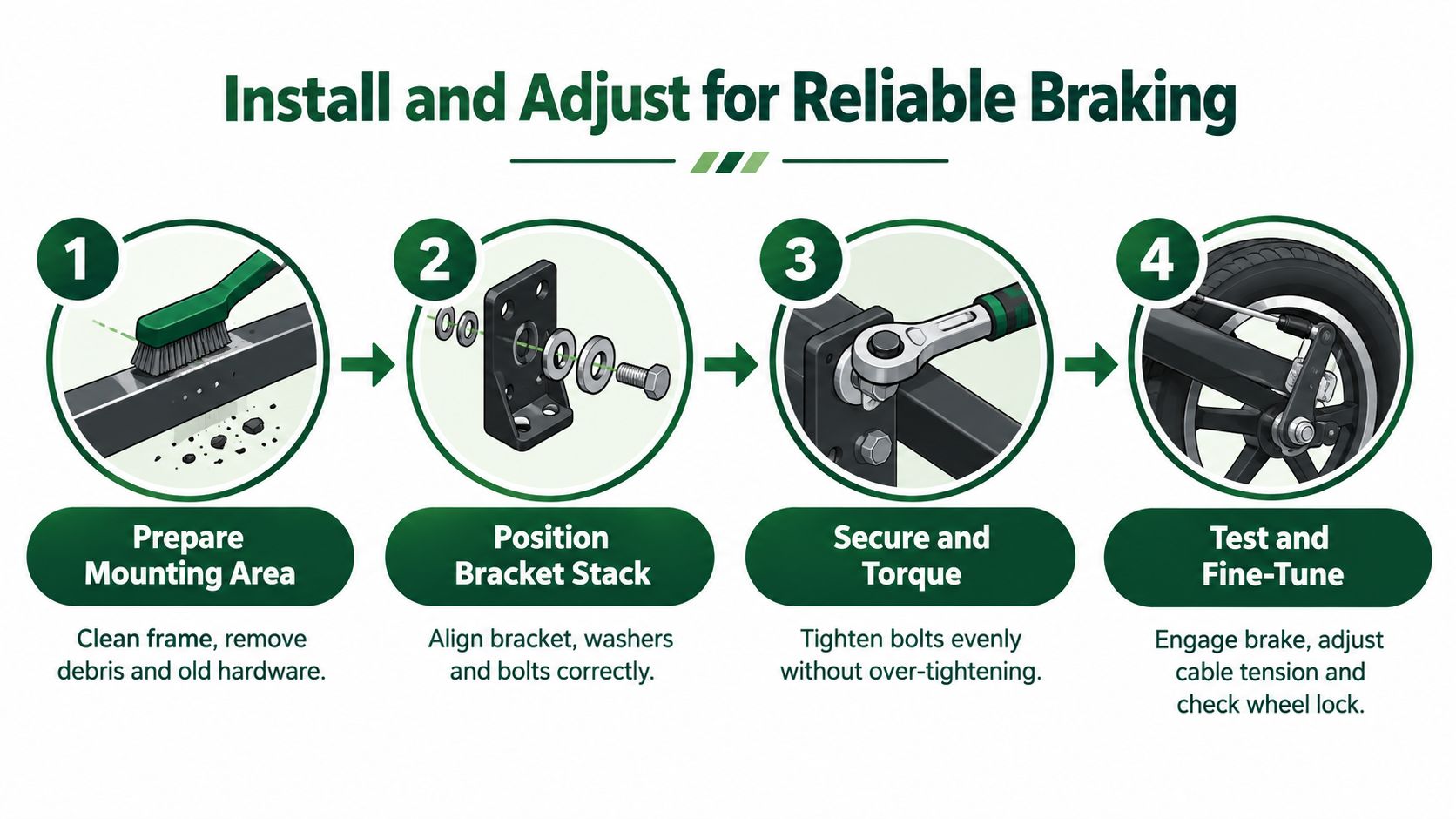 A four-step infographic illustrating how to properly install and adjust brake brackets on a bicycle frame.