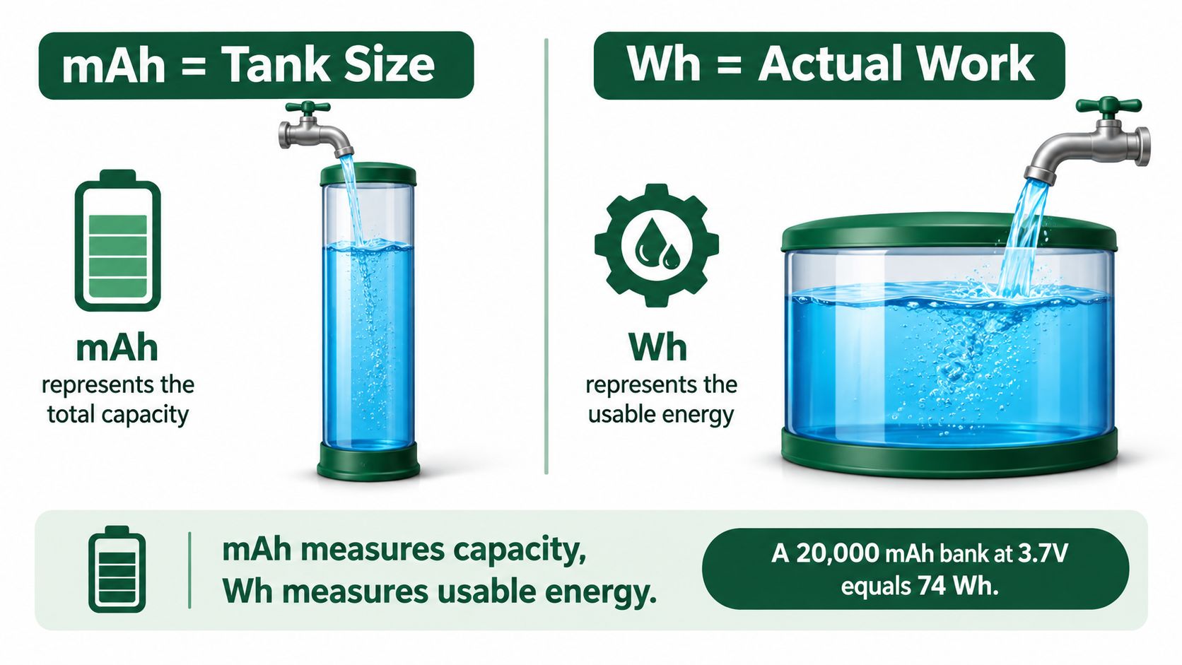An infographic explaining the difference between mAh and Wh using a water tank analogy.