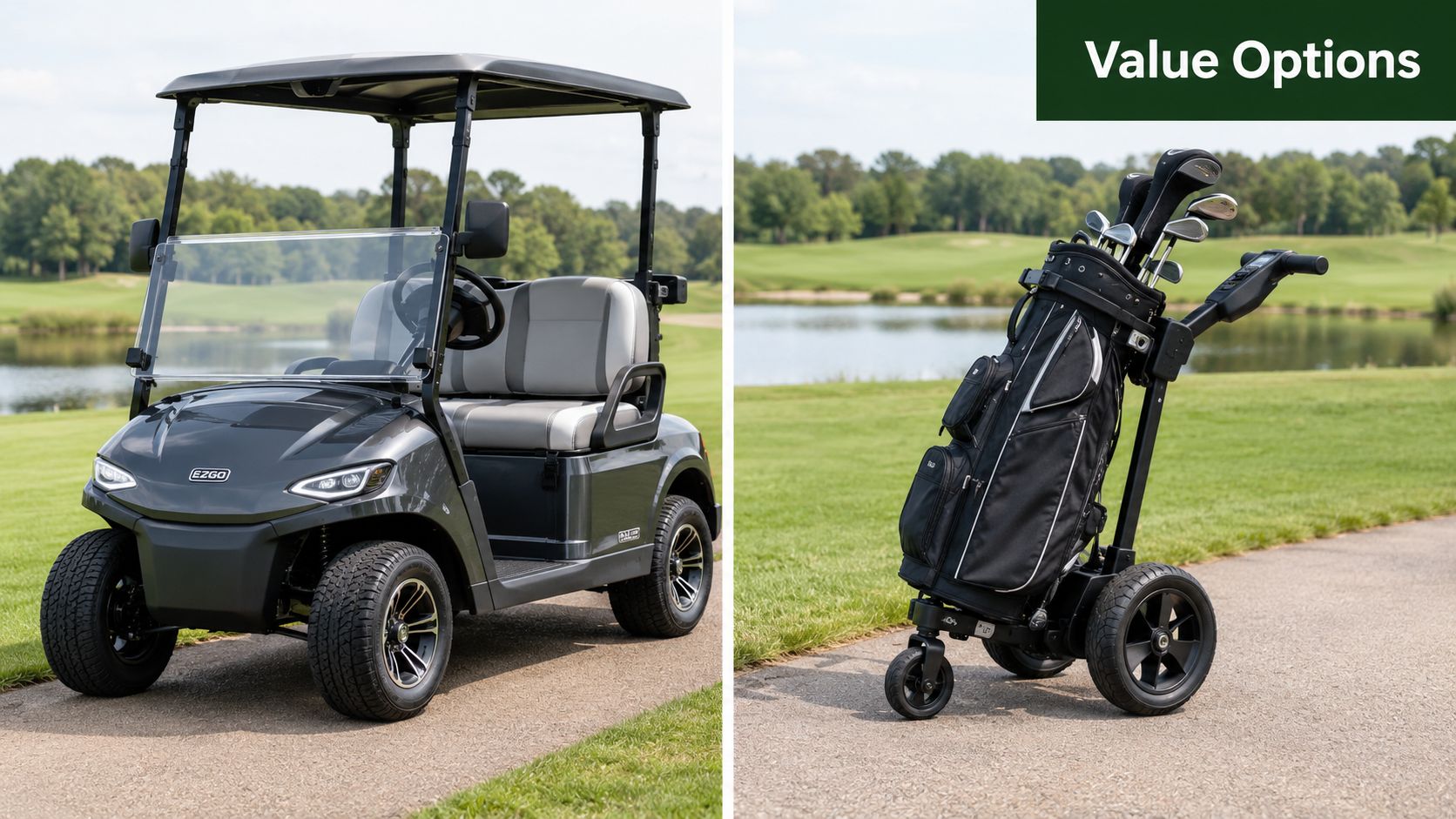 A gray EZGO golf cart and an electric golf push cart displayed side by side outdoors.