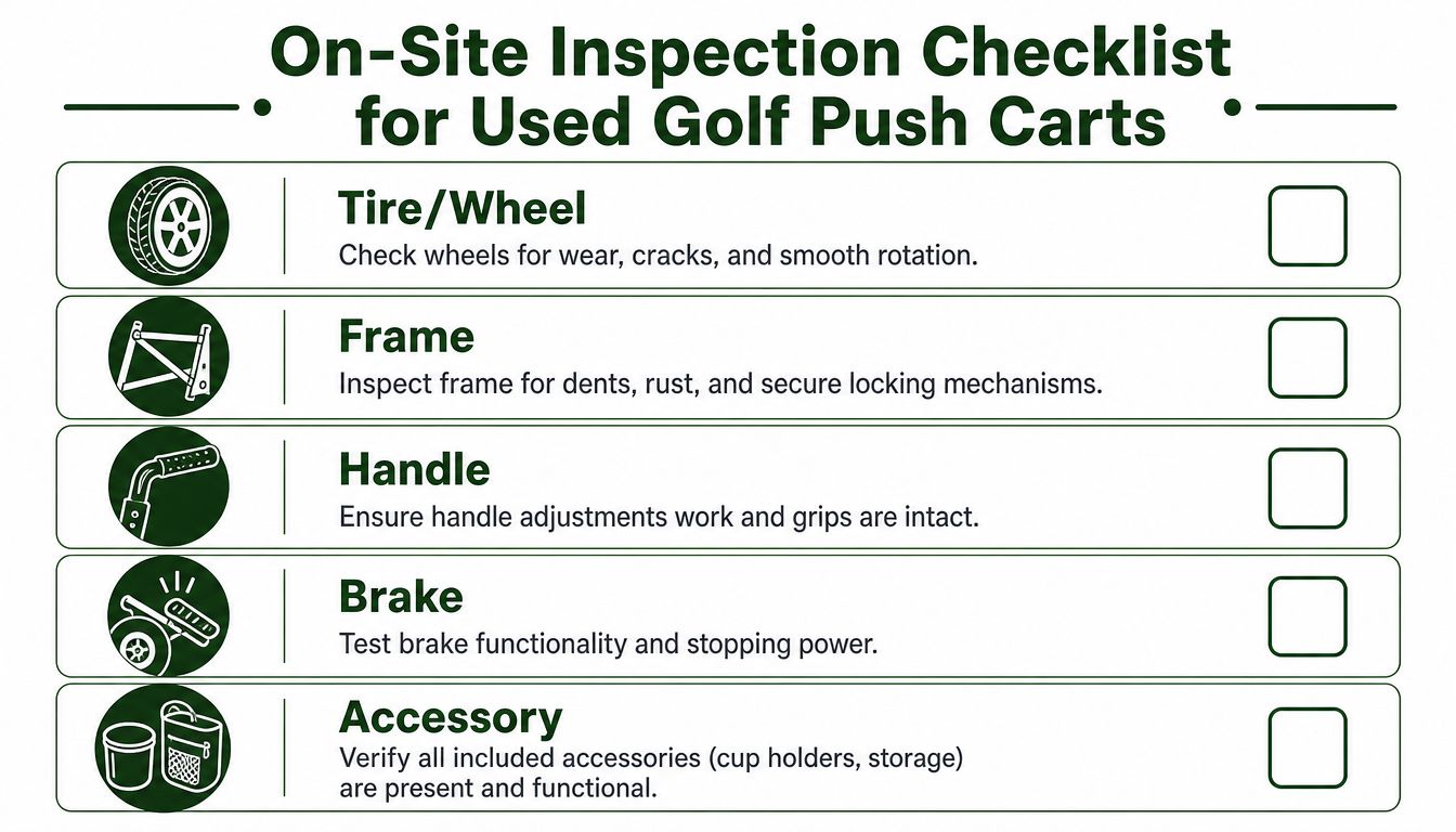 A checklist for inspecting used golf push carts, detailing items like tires, frame, handle, brake, and accessories.