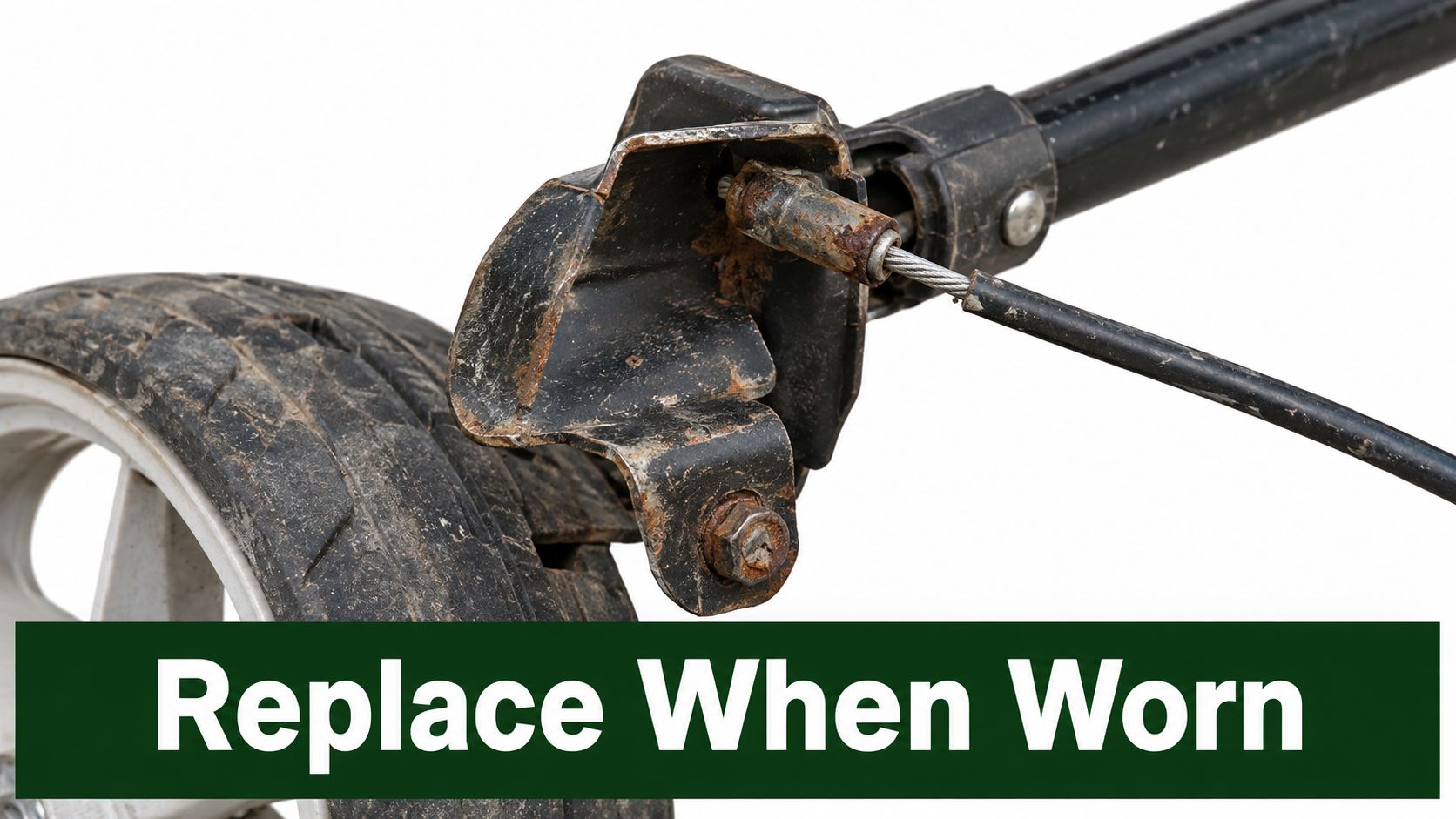 A close-up view of a worn, rusted metal brake bracket assembly on a wheeled equipment frame.
