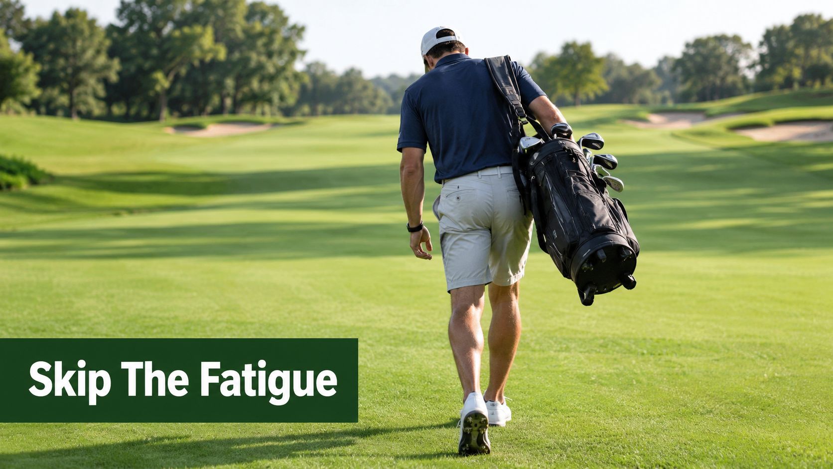 A golfer walks across a golf course carrying a heavy golf bag on his shoulder.