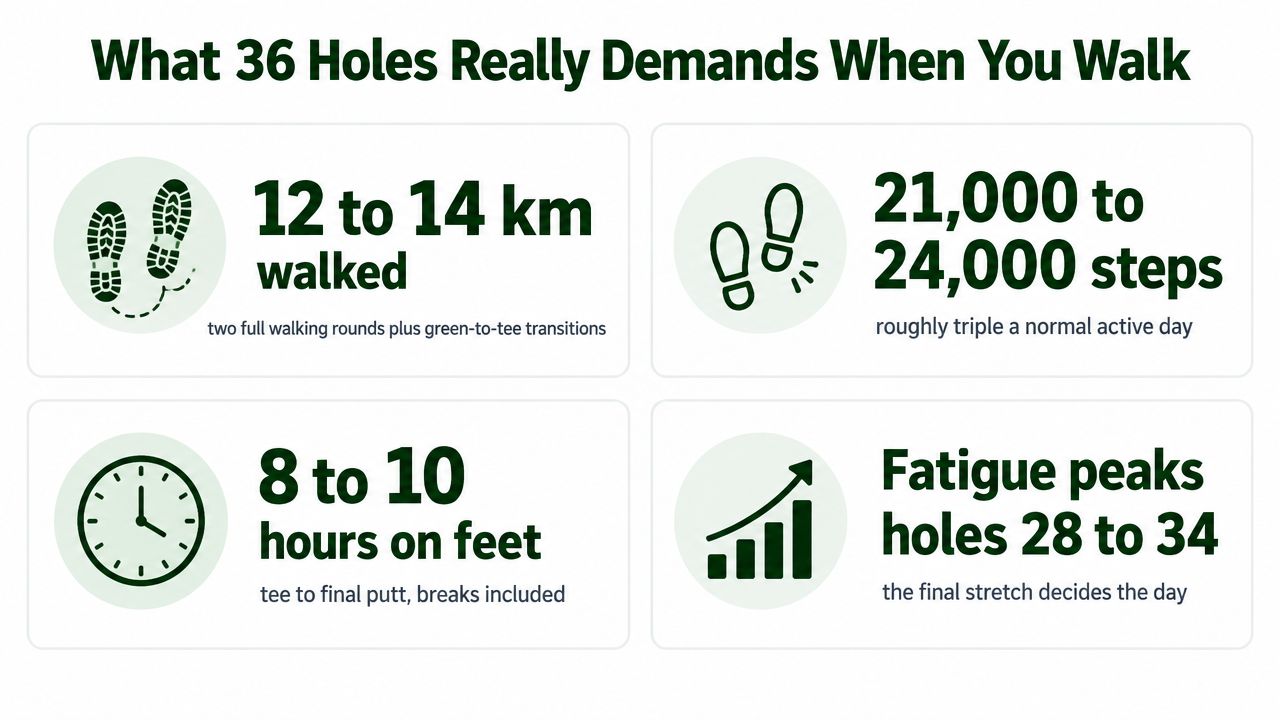 An infographic detailing the physical requirements of walking 36 holes of golf in a single day.