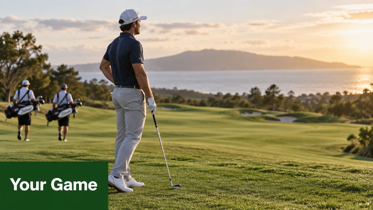 A professional golfer stands on a scenic green course at sunset while caddies walk in the background.
