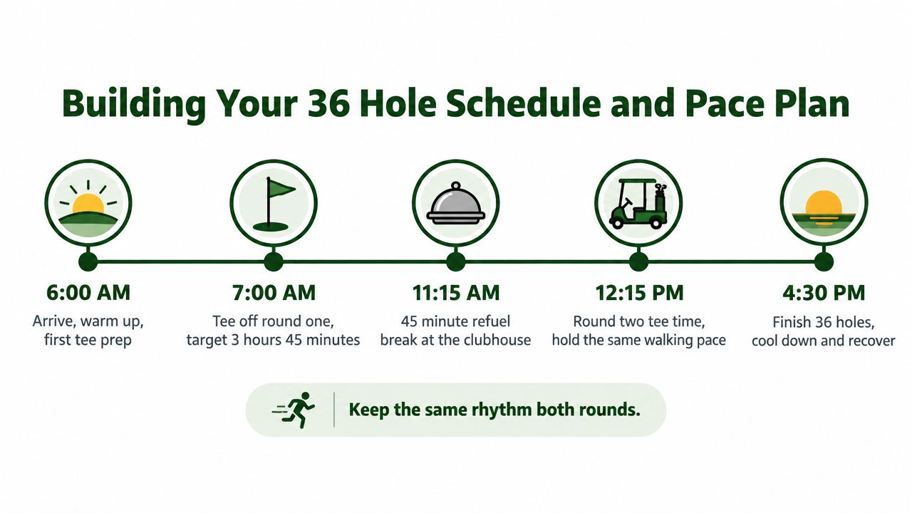 A schedule infographic for planning a 36 hole golf day with time slots from morning to afternoon.