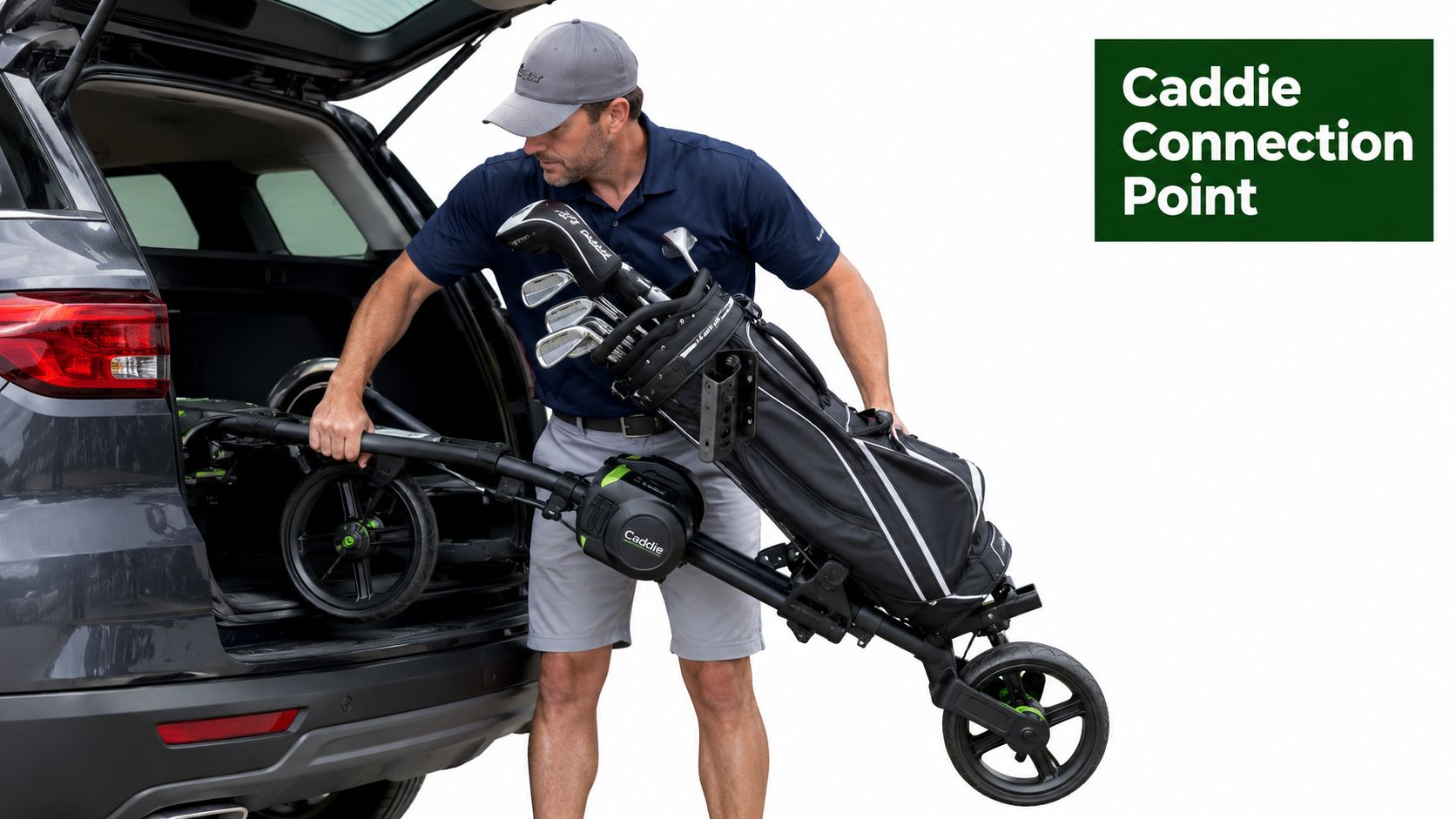 A man placing a compact golf cart and golf bag into the trunk of his car.