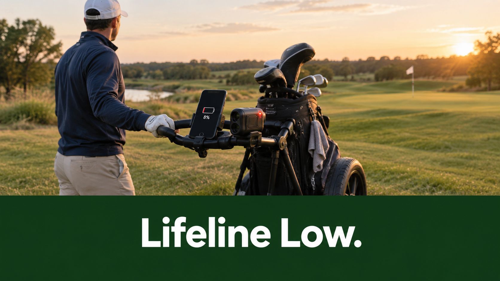 A golfer standing on a golf course with a low battery phone on a push cart.