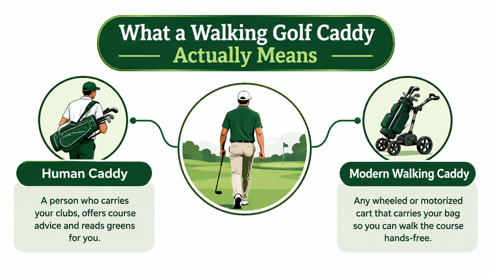 An infographic comparing a human golf caddy and a modern motorized walking golf caddy on a course.