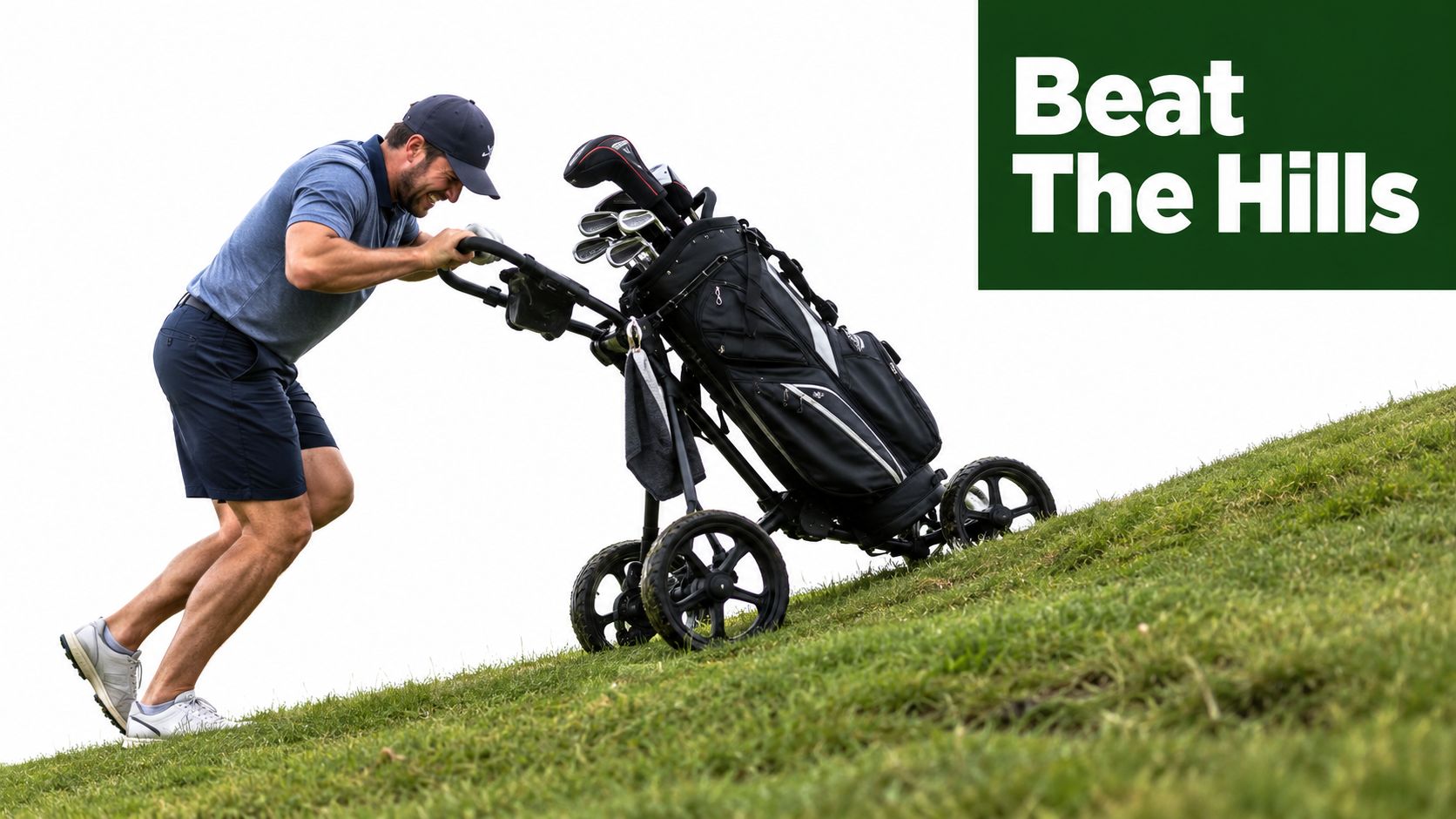 A golfer struggling to push a cart with a power assist wheel up a steep hill.