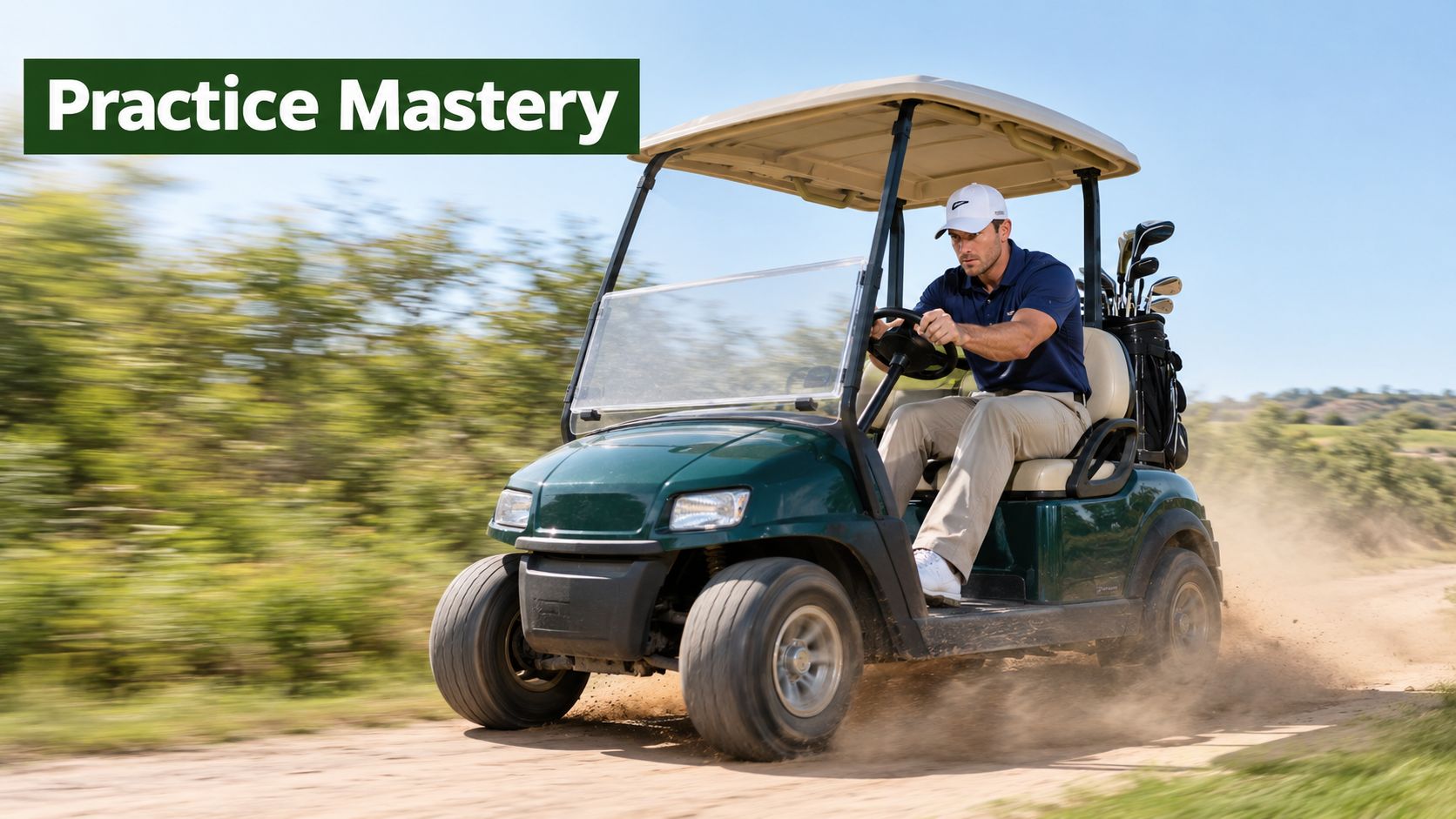 A man drives a dark green golf cart down a dusty path under a bright sunny sky.
