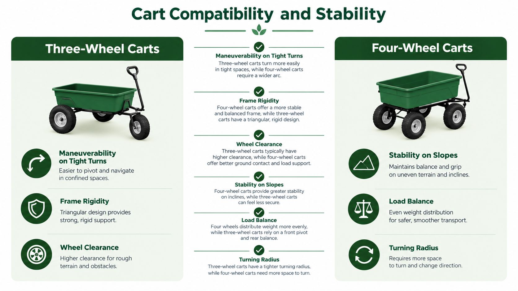 A comparison infographic detailing the differences in maneuverability and stability between three-wheel and four-wheel garden carts.