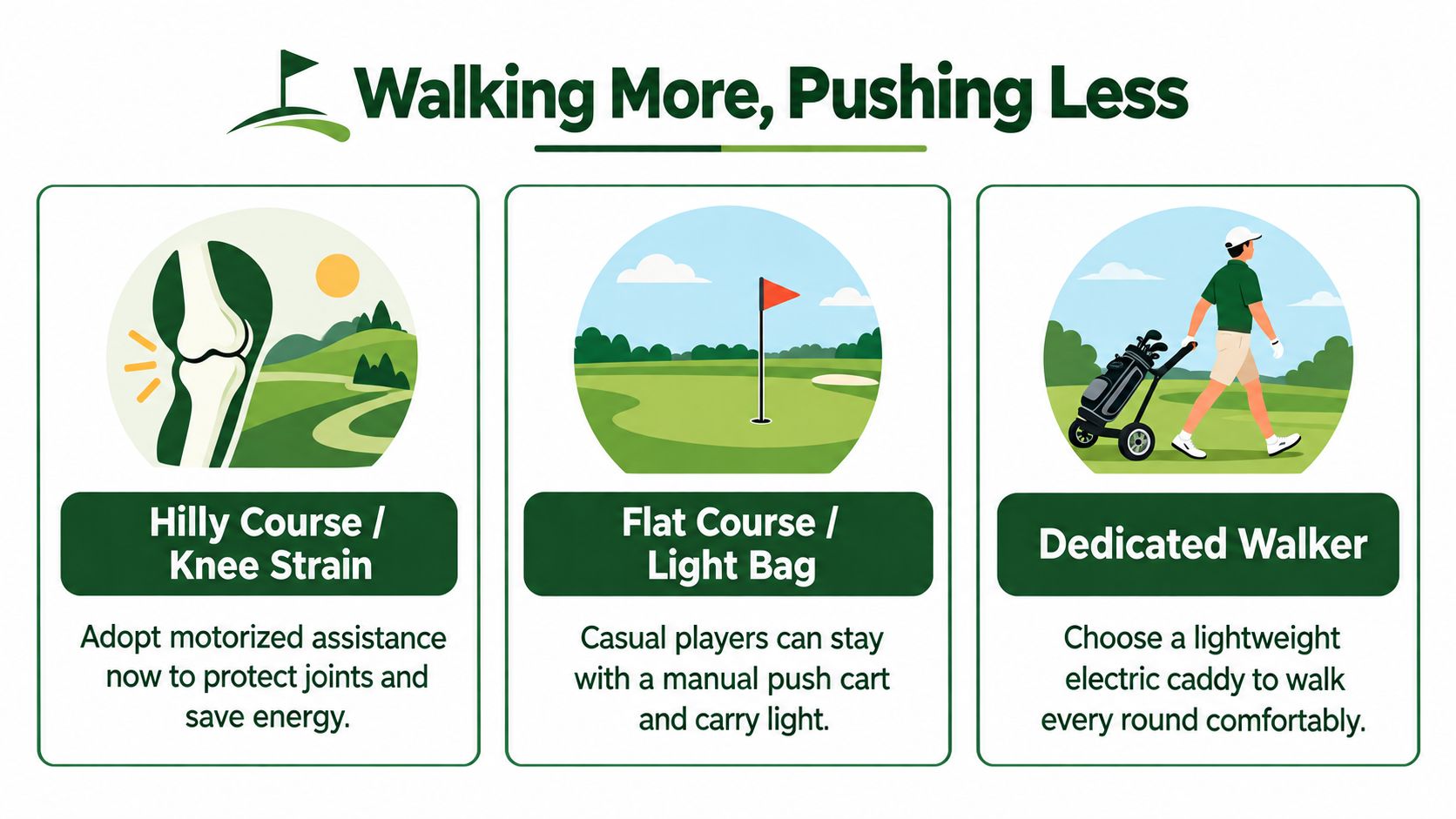 A graphic showing three scenarios for golfers to choose electric caddies based on course terrain and playing habits.