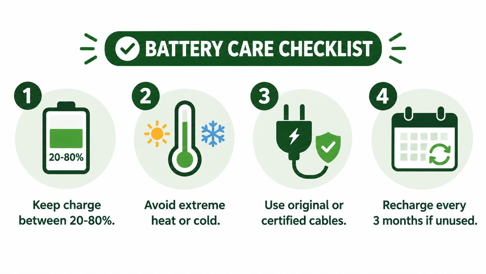 A battery care checklist infographic with four steps for maintaining portable charger battery health and longevity.