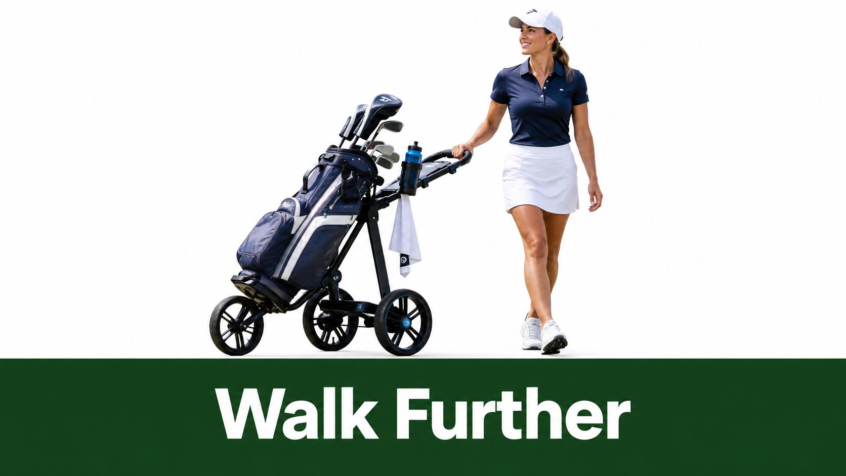 A woman walks on a path pushing a golf cart containing a bag with golf clubs.