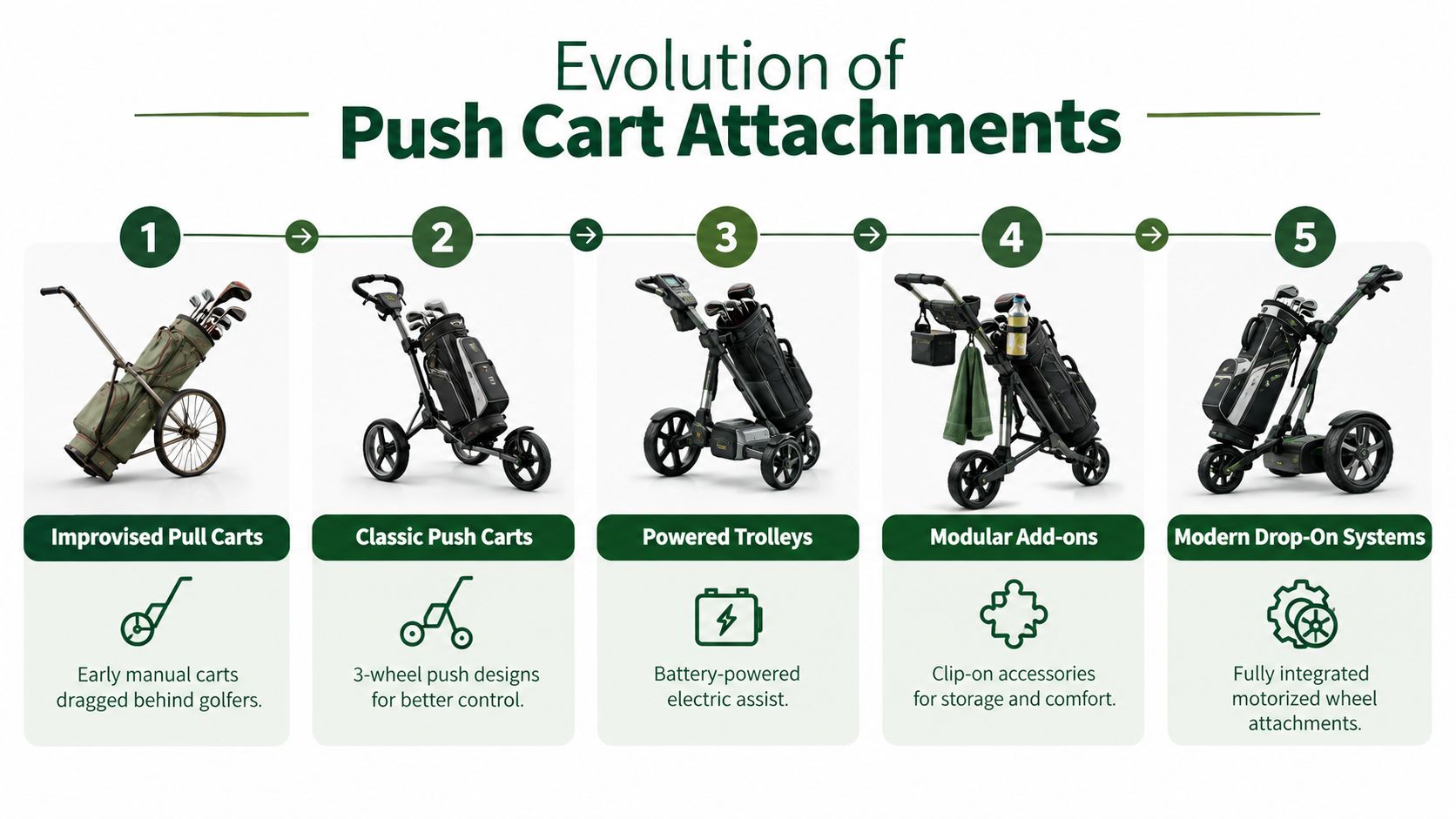 An infographic showing the chronological evolution of golf push cart attachments from manual pull carts to electric systems.