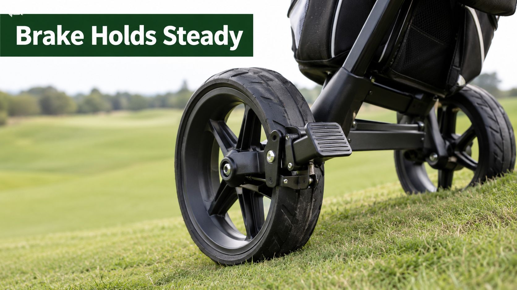 A close-up view of a golf push cart wheel featuring a locking brake mechanism on a grassy course.