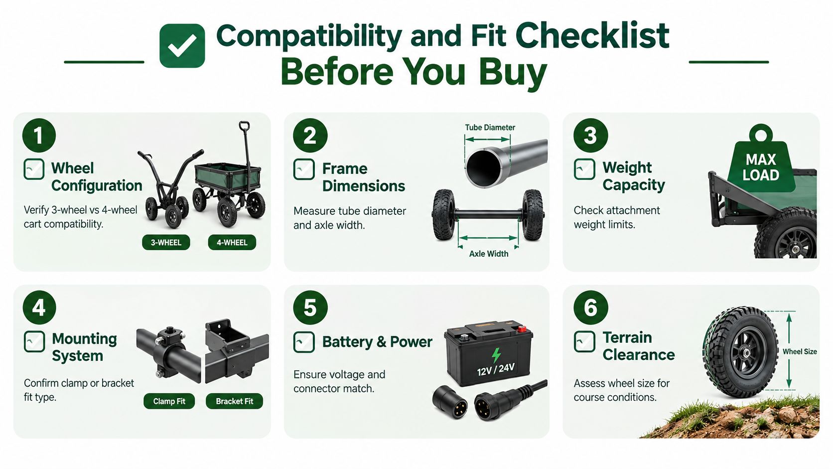 A six-step compatibility checklist for choosing golf cart attachments, showing wheel, frame, weight, mounting, power, and clearance.