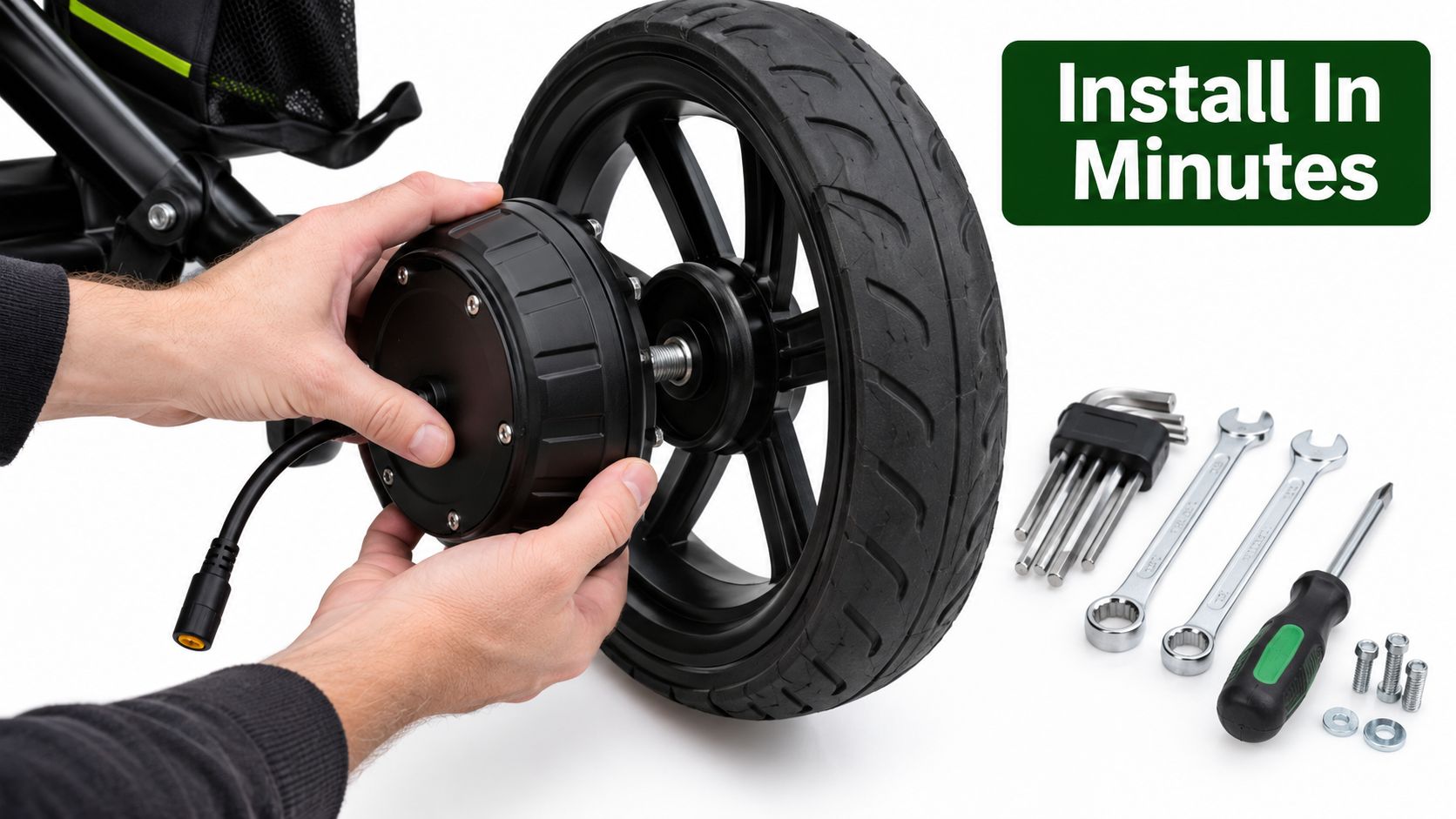 A pair of hands installing an electric motor hub onto a stroller wheel with included tools nearby.